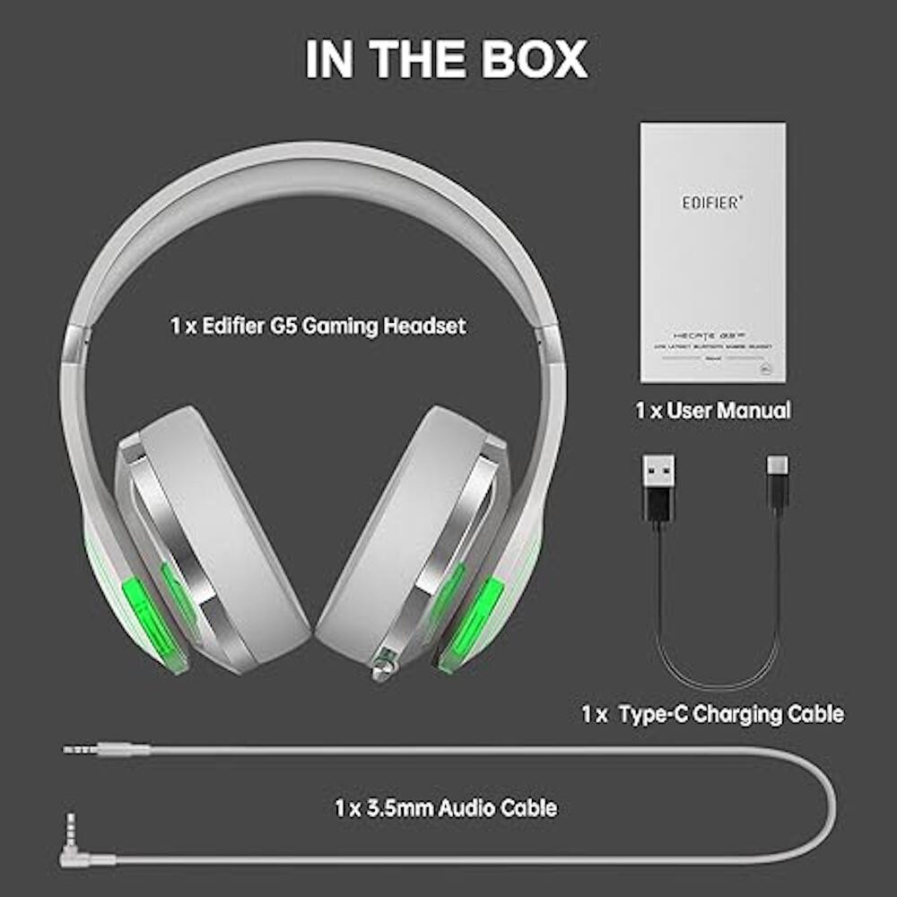 In the box, you will find: 1 x Edifier G5 Gaming Headset, 1 x User Manual, 1 x Type-C Charging Cable, and 1 x 3.5mm Audio Cable.