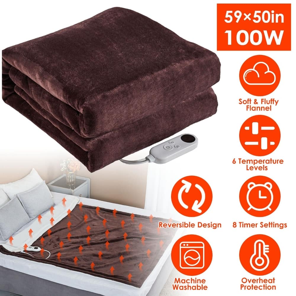 Loheer - Electric Heated Flannel Throw Blanket 6 Heat Settings 59x50in - Coffee