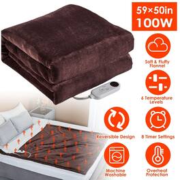 Loheer - Electric Heated Flannel Throw Blanket 6 Heat Settings 59x50in - Coffee