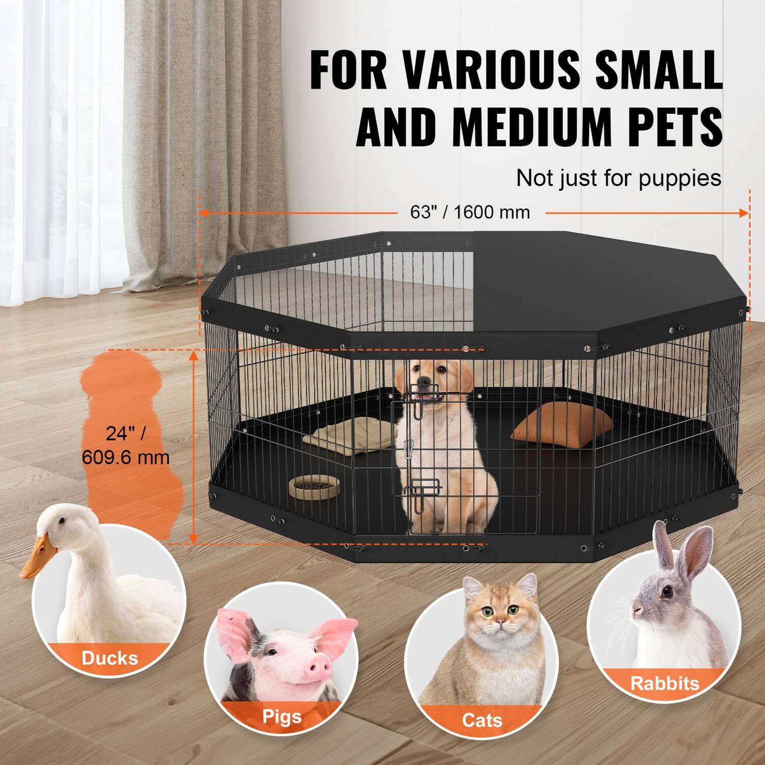FOR VARIOUS SMALL AND MEDIUM PETS  
Not just for puppies  

63" / 1600 mm  
24" / 609.6 mm  

Ducks  
Rabbits  
Pigs  
Cats