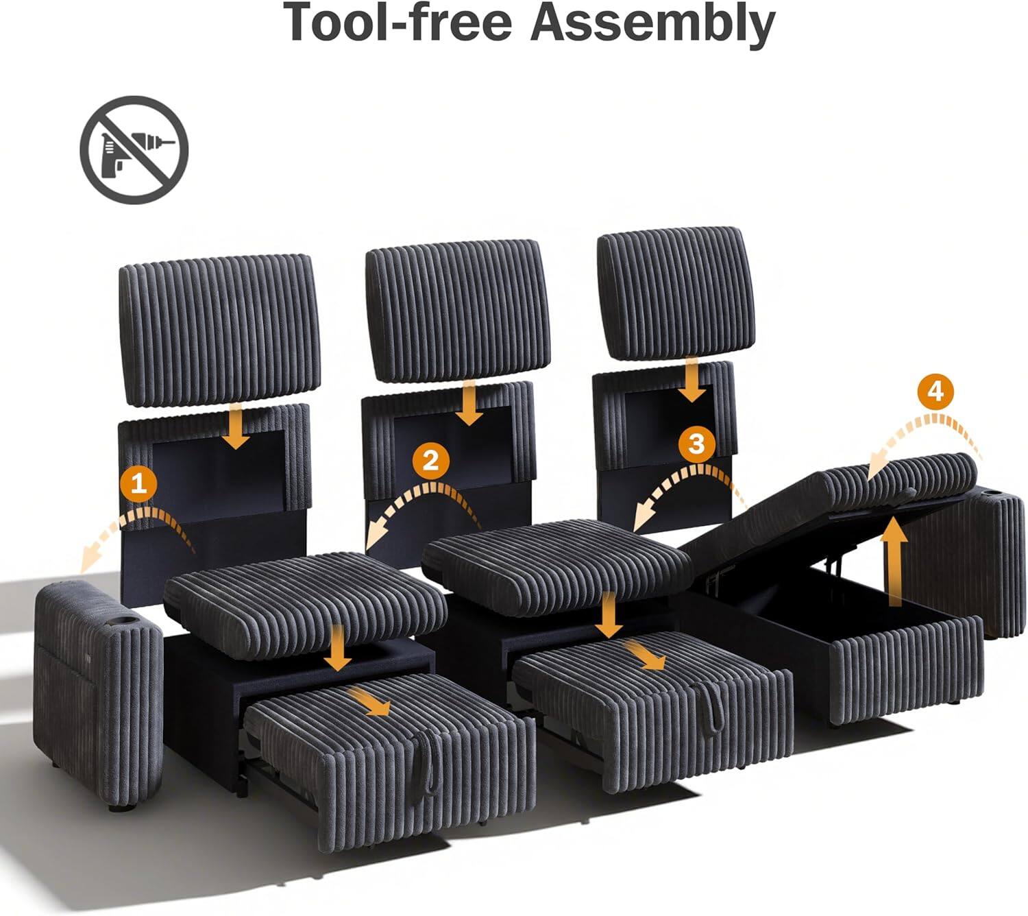 Tool-free Assembly

1. Place the base.
2. Attach the seat.
3. Add the backrest.
4. Secure the top.