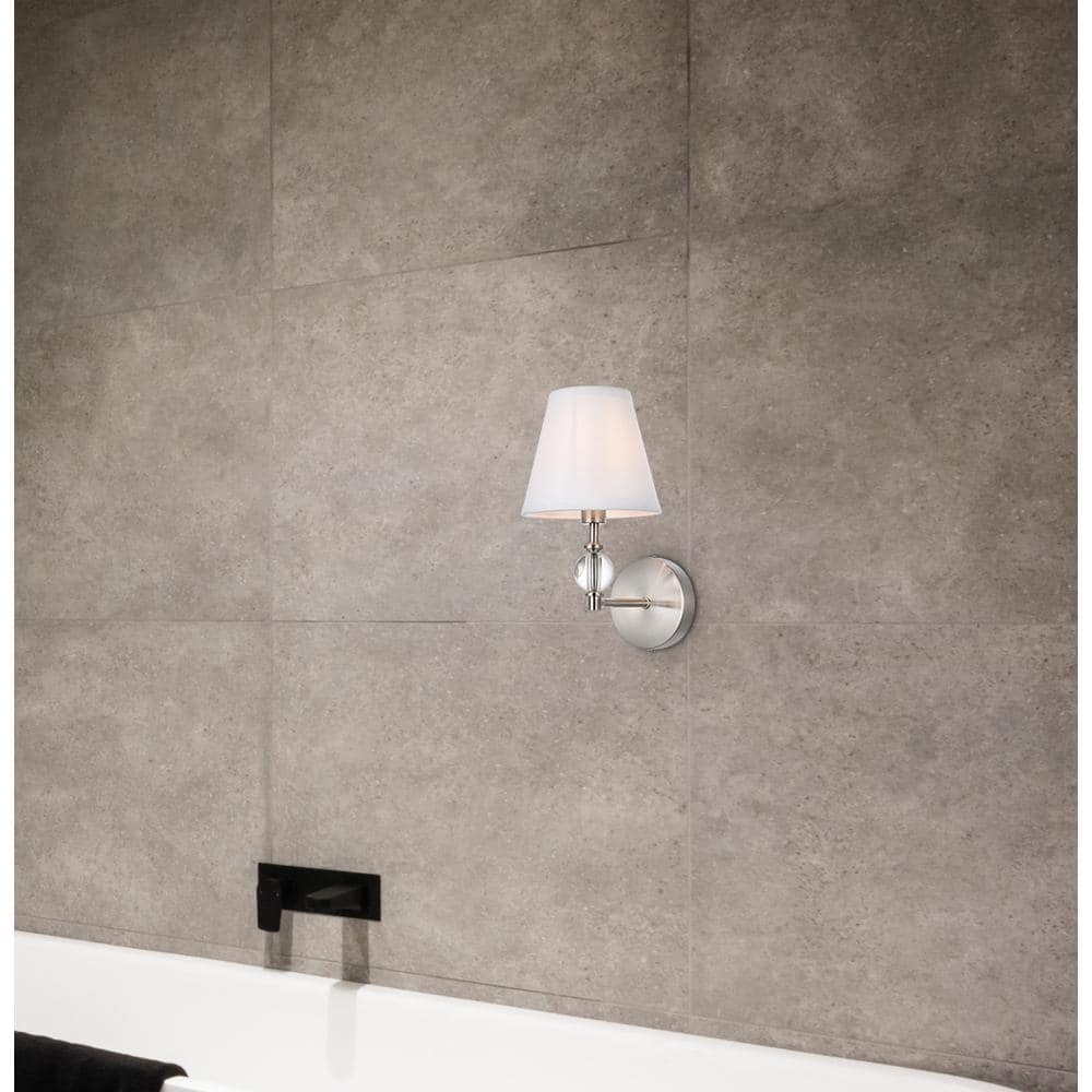 Living District - Bethany 1 light bath sconce in satin nickel with white fabric shade - Satin Nickel And White Fabric Shade