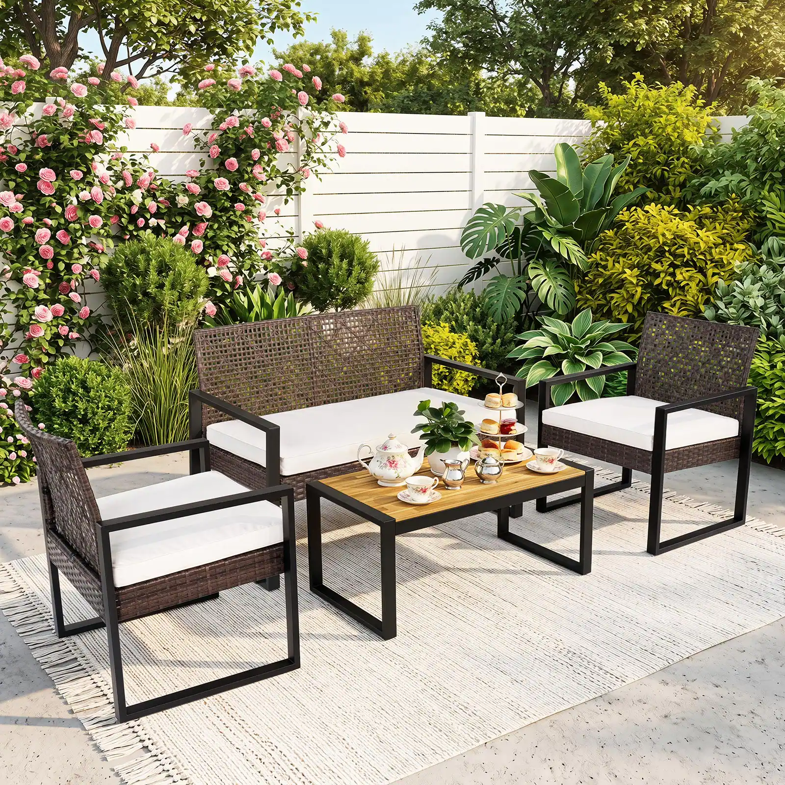 Front. Costway - Costway 4-Piece Patio Conversation Set with 2 Single Chairs Cushioned Loveseat Coffee Table - Mixed Brown + Black + White.
