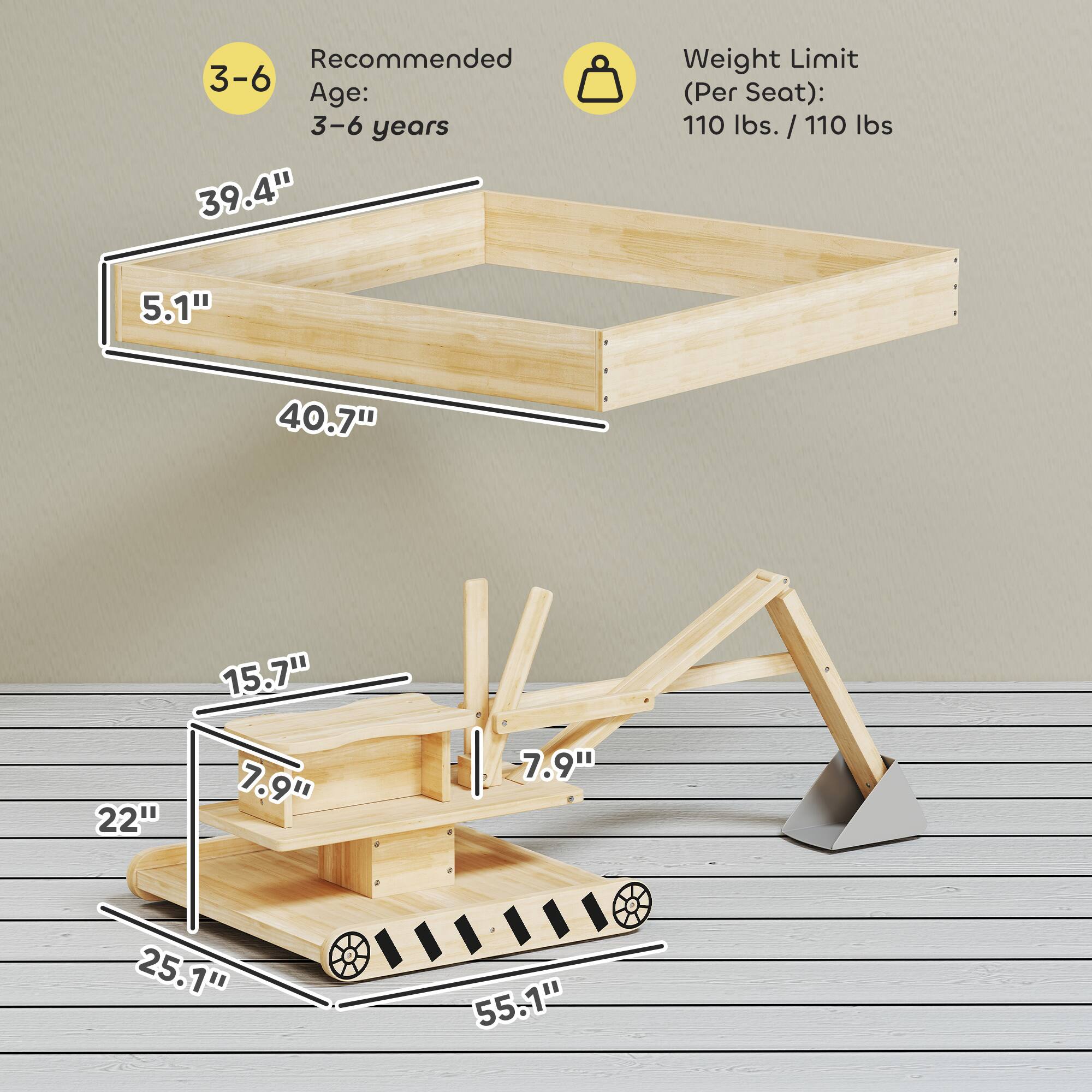 Recommended Age: 3-6 years  
Weight Limit (Per Seat): 110 lbs.  

Dimensions:  
- 39.4"  
- 5.1"  
- 40.7"  
- 15.7"  
- 7.9"  
- 7.9"  
- 22"  
- 25.1"  
- 55.1"