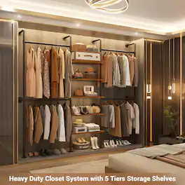 Aheaplus - 6.42FT Reversible Industrial Pipe Clothing Rack - Heavy Duty 5-Tier Corner Closet Organizer System with Shelves - Rustic Brown