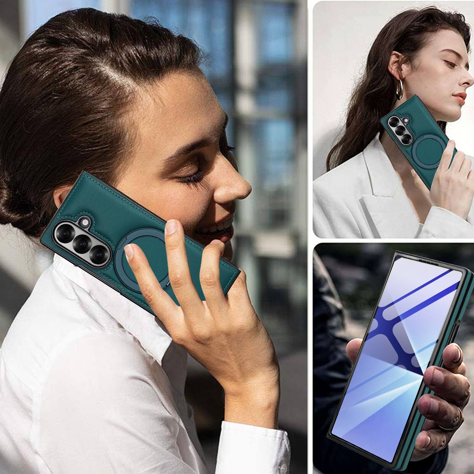Alt View 4. Dteck - Magnetic Case for Samsung Galaxy Z Fold7 with Ring Kickstand,Built-in Screen Protector,Faux Leather Shockproof Cover - Green.