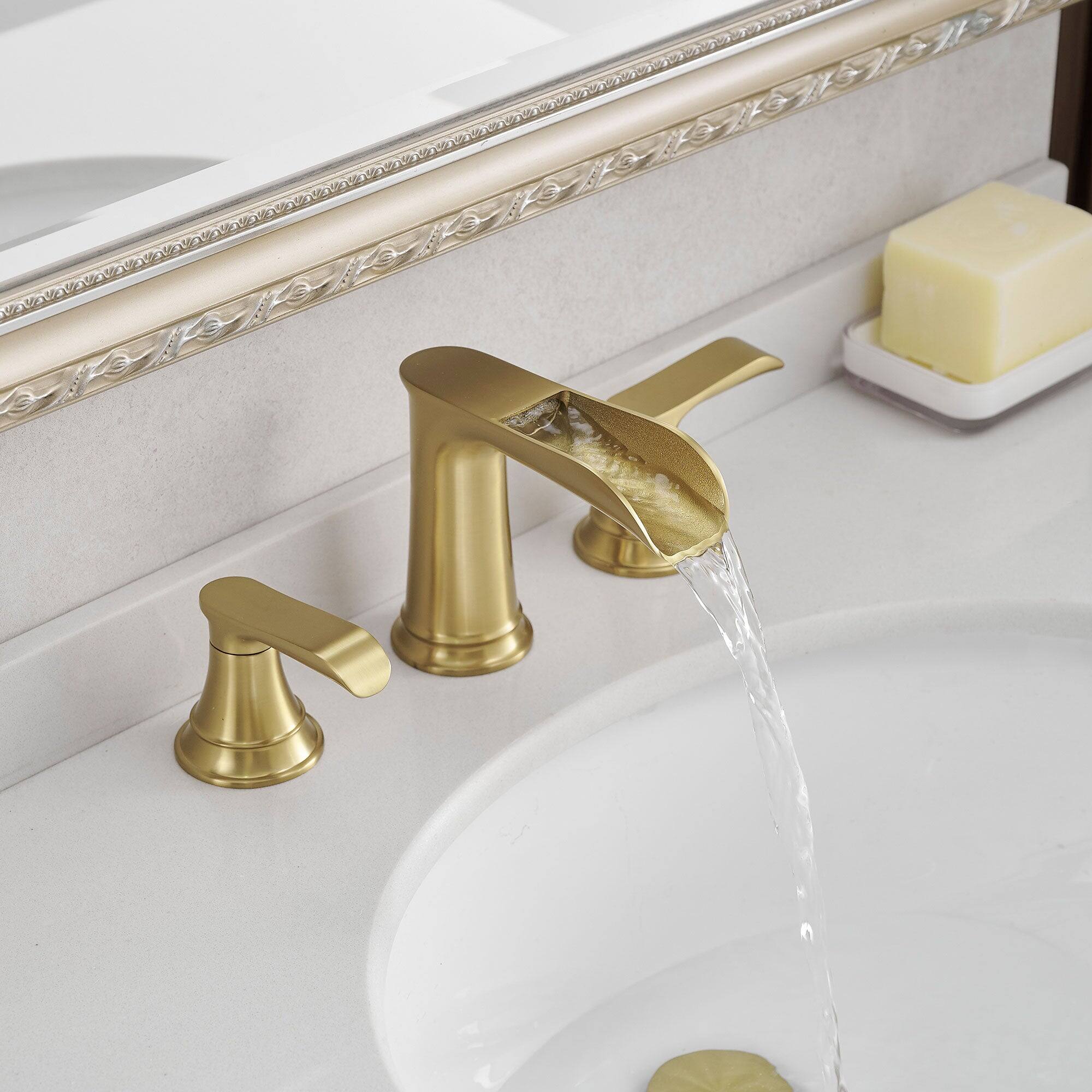 Left. Boyel Living - Waterfall 8 Inch Widespread Double Handle Brass Bathroom Faucet with Pop Up Drain and Water Supply Hoses in Brushed Gold - Brushed Gold.