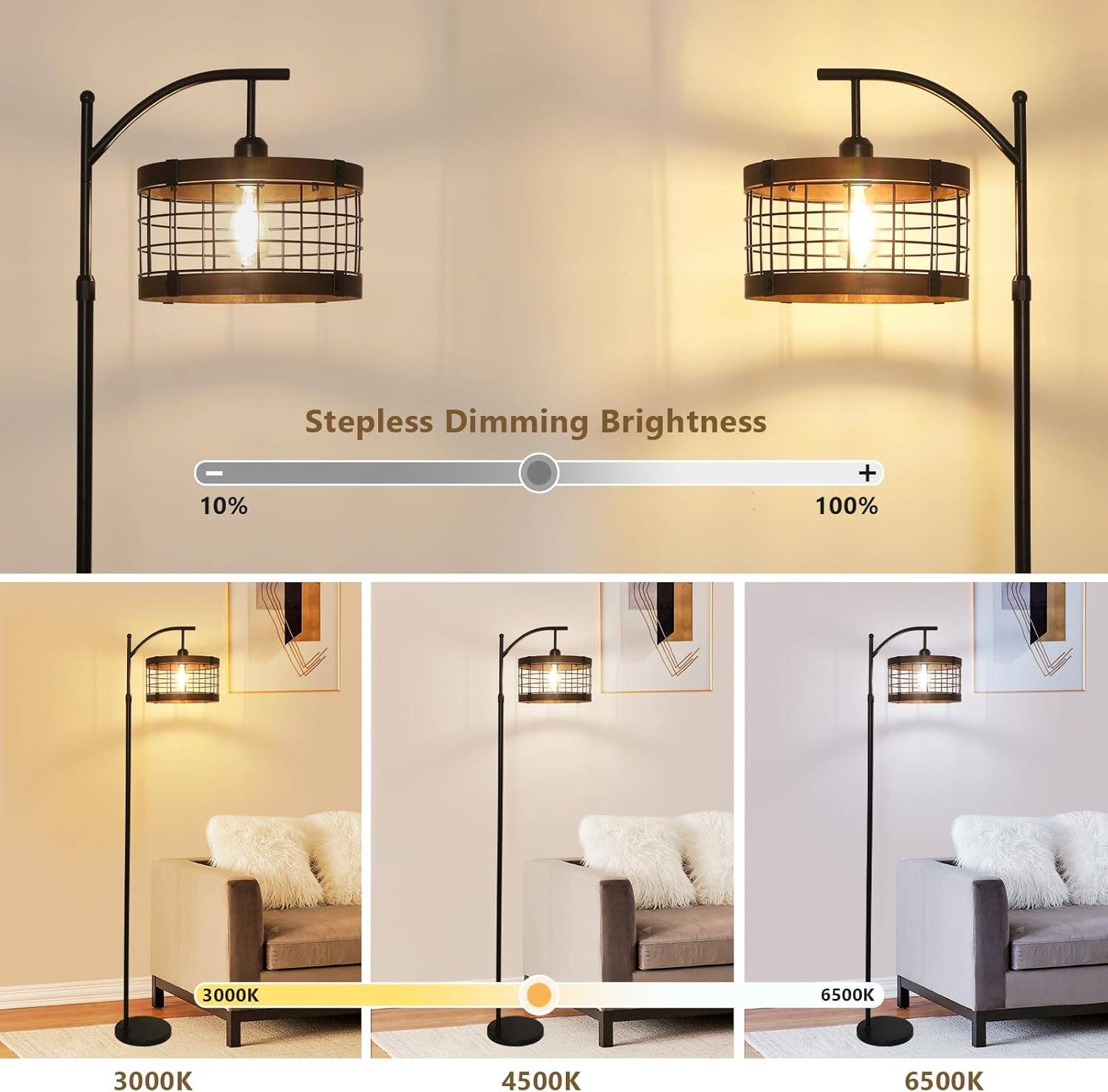 10%
Stepless Dimming Brightness + 100%
3000K
4500K
6500K