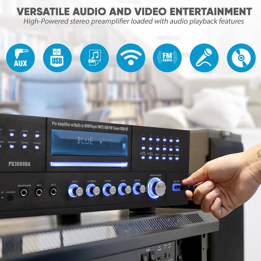 VERSATILE AUDIO AND VIDEO ENTERTAINMENT  
High-Powered stereo preamplifier loaded with audio playback features  

AUX  
USB  
MP3  
FM RADIO  
WIRELESS  
MIC  
TUNING  

Pre-Amplifier w/Built-in DVD Player/MP3/AM/FM Tuner/USB/BT  

PD3000BA  

HEADPHONE  
MIC1  
MIC2  
ECHO  
M. TREBLE  
M. BASS  
M. VOL  
MASTER VOLUME  
USB VOL  
USB LINK  

ST IODMPS