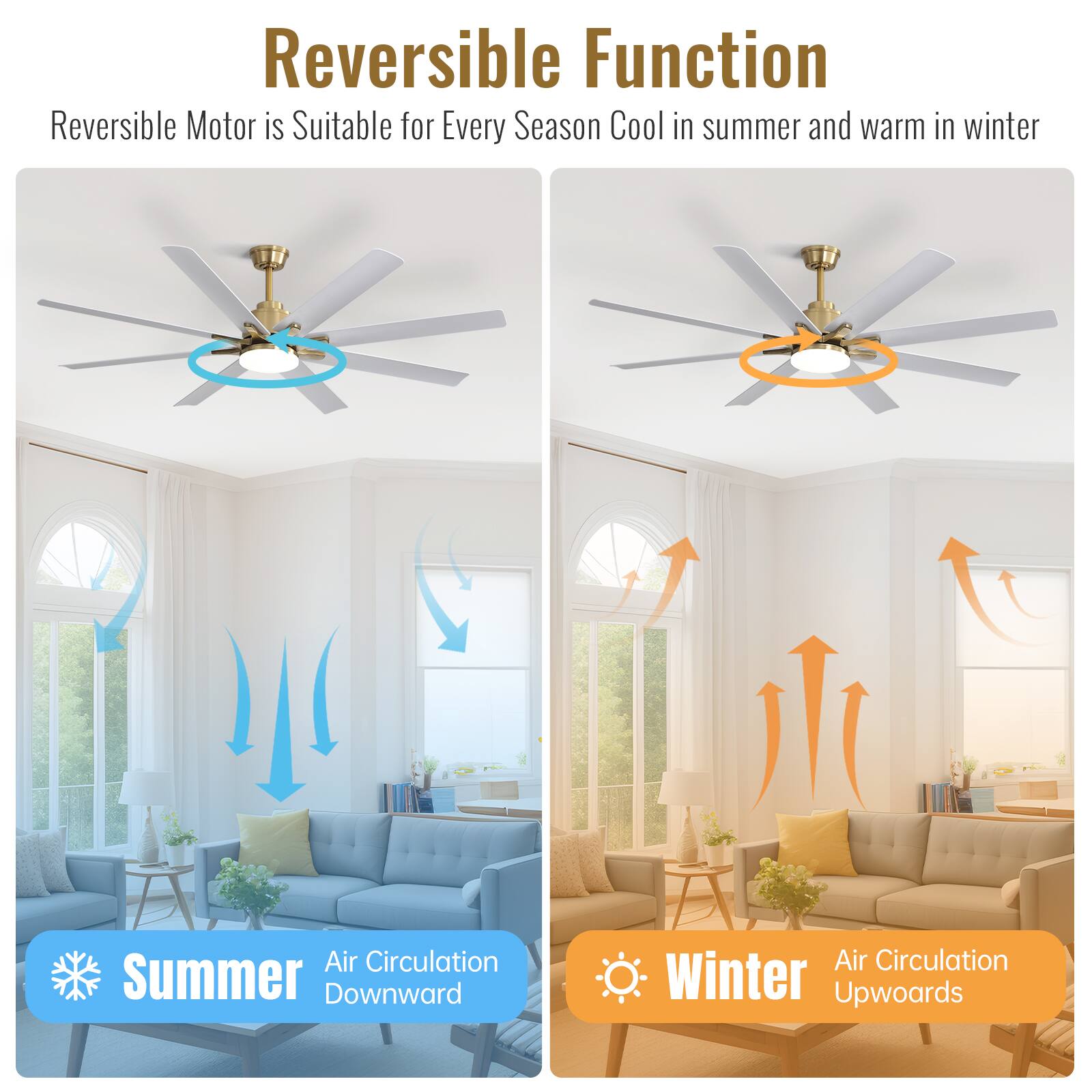 Reversible Function  
Reversible Motor is Suitable for Every Season Cool in summer and warm in winter  

Summer  
Air Circulation Downward  

Winter  
Air Circulation Upwards