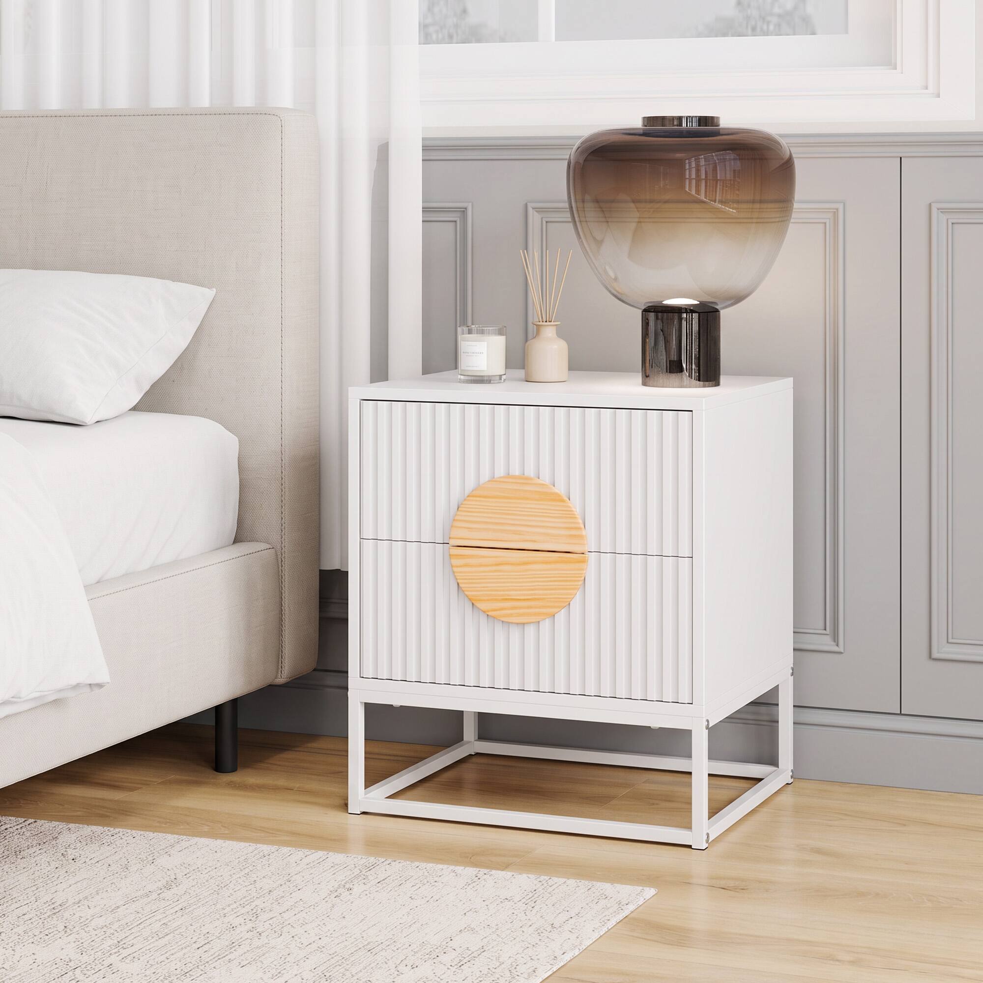 Alt View 4. WELLFOR - Mid-Century Modern Fluted Nightstand with 2 Drawers and Pine Wood Handles - White.