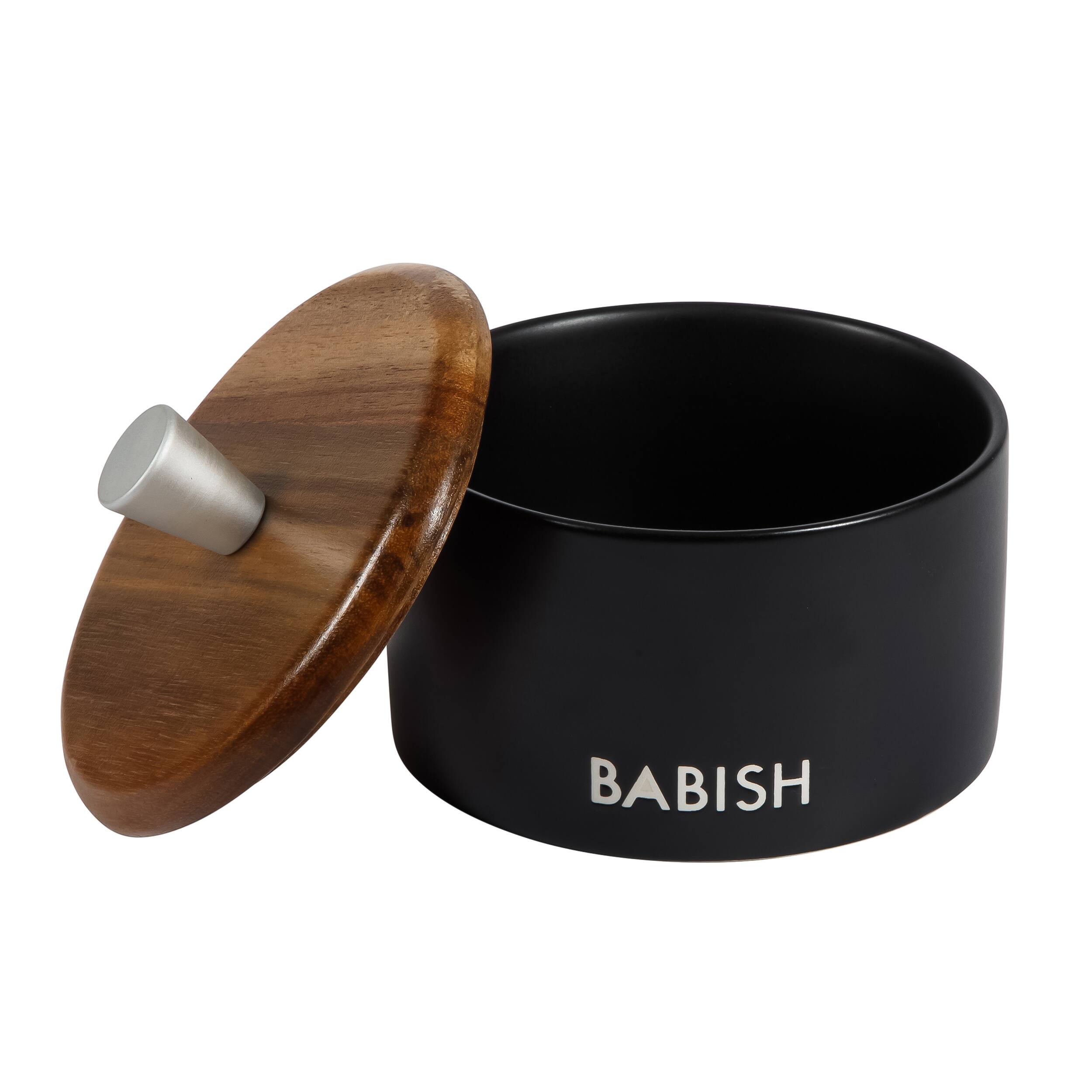 Angle. Babish - Babish 9 Ounce Round Stoneware Salt Cellar with Acacia Wood Lid in Black - Black.
