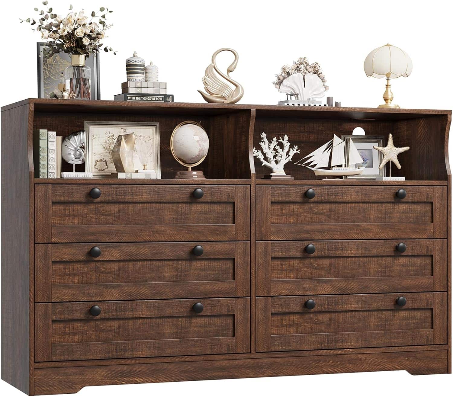 GARVEE - 55" Rustic 6-Drawer Wood Dresser, Modern Storage Organizer for Bedroom, Living Room, Closet & Entryway - Brown