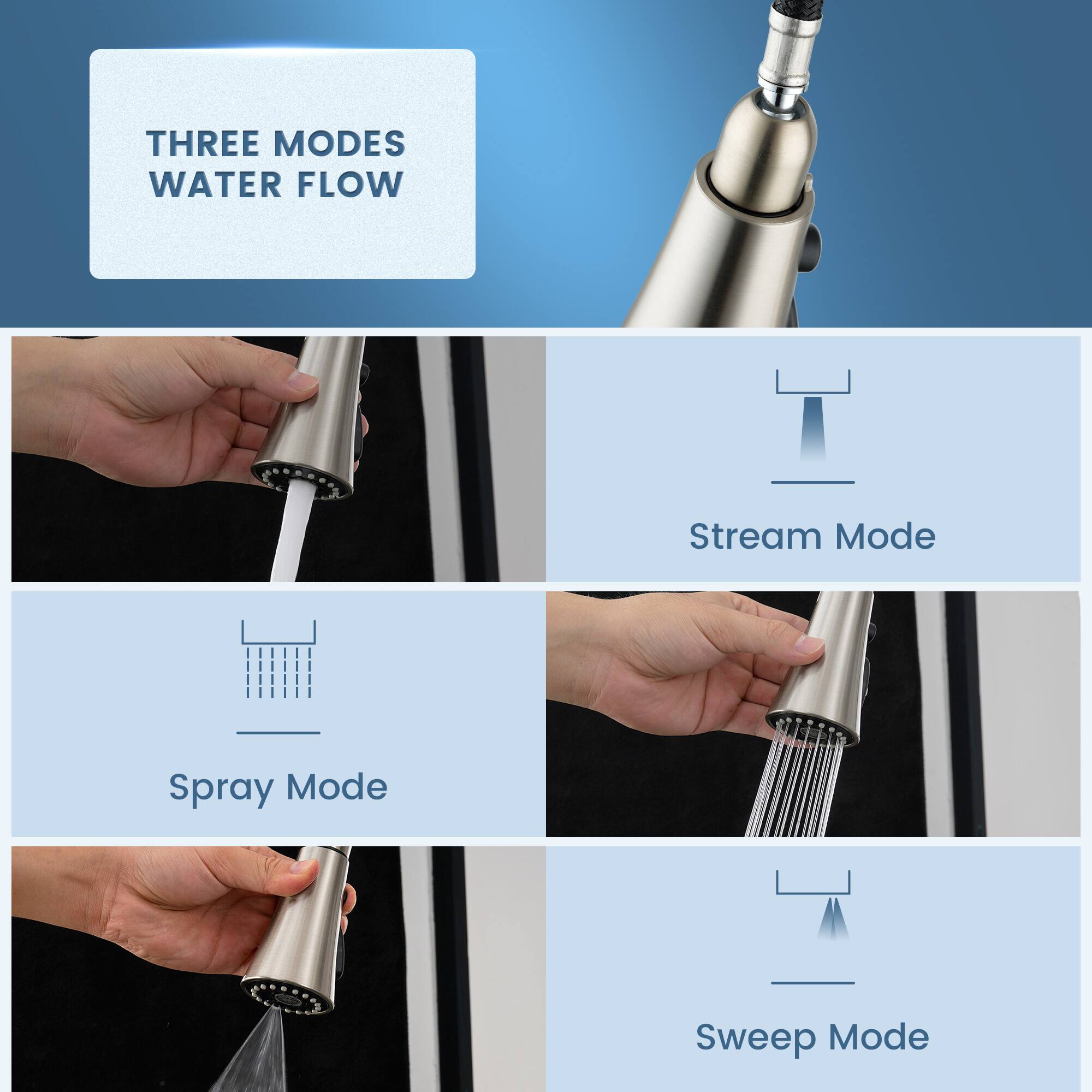 THREE MODES WATER FLOW

- Stream Mode
- Spray Mode
- Sweep Mode