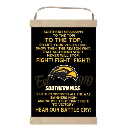 SOUTHERN MISSISSIPPI TO THE TOP!
TO THE TOP,
SO LIFT YOUR VOICES HIGH,
SHOW THEM THE REASON WHY,
THAT SOUTHERN SPIRIT NEVER WILL STOP.
FIGHT! FIGHT! FIGHT!
Est 1910
SOUTHERN MISS.
SOUTHERN MISSISSIPPI ALL THE WAY,
BANNERS HIGH AND WE WILL FIGHT! FIGHT! FIGHT!
TO VICTORY.
HEAR OUR BATTLE CRY!