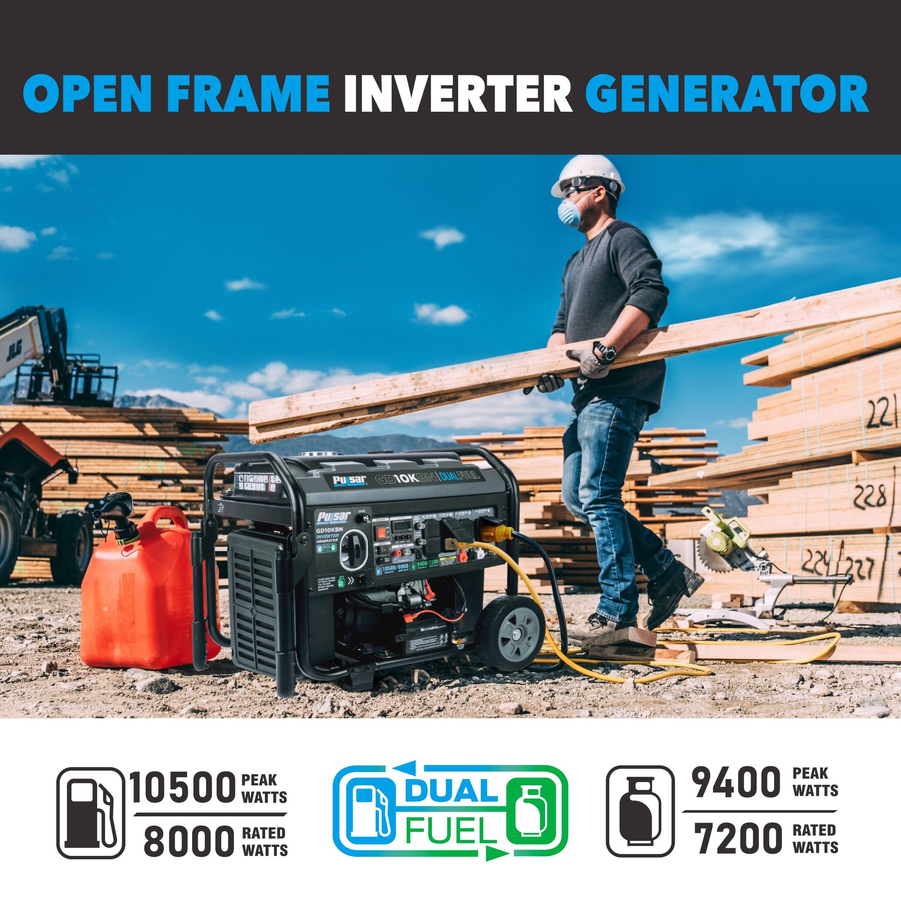 OPEN FRAME INVERTER GENERATOR

10500 PEAK WATTS  
8000 RATED WATTS

DUAL FUEL

9400 PEAK WATTS  
7200 RATED WATTS