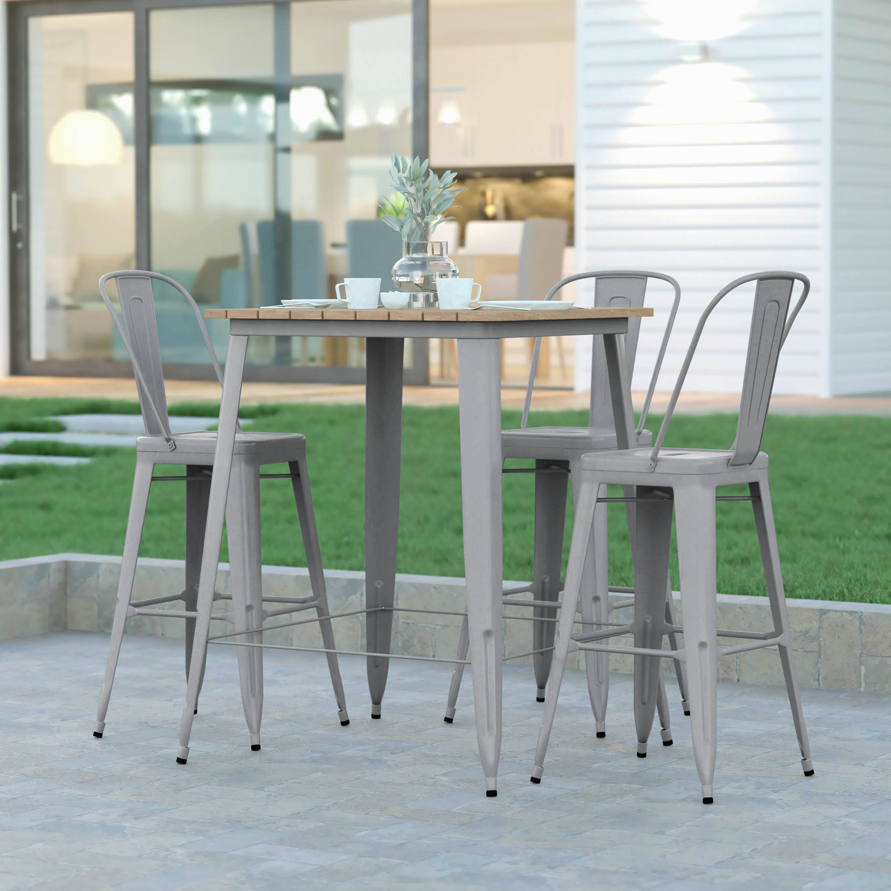 Alt View 1. Emma + Oliver - Drew Indoor/Outdoor Bar Top Table, 31.5" Square All Weather Poly Resin Top with Steel base - Brown Top/Silver Frame.