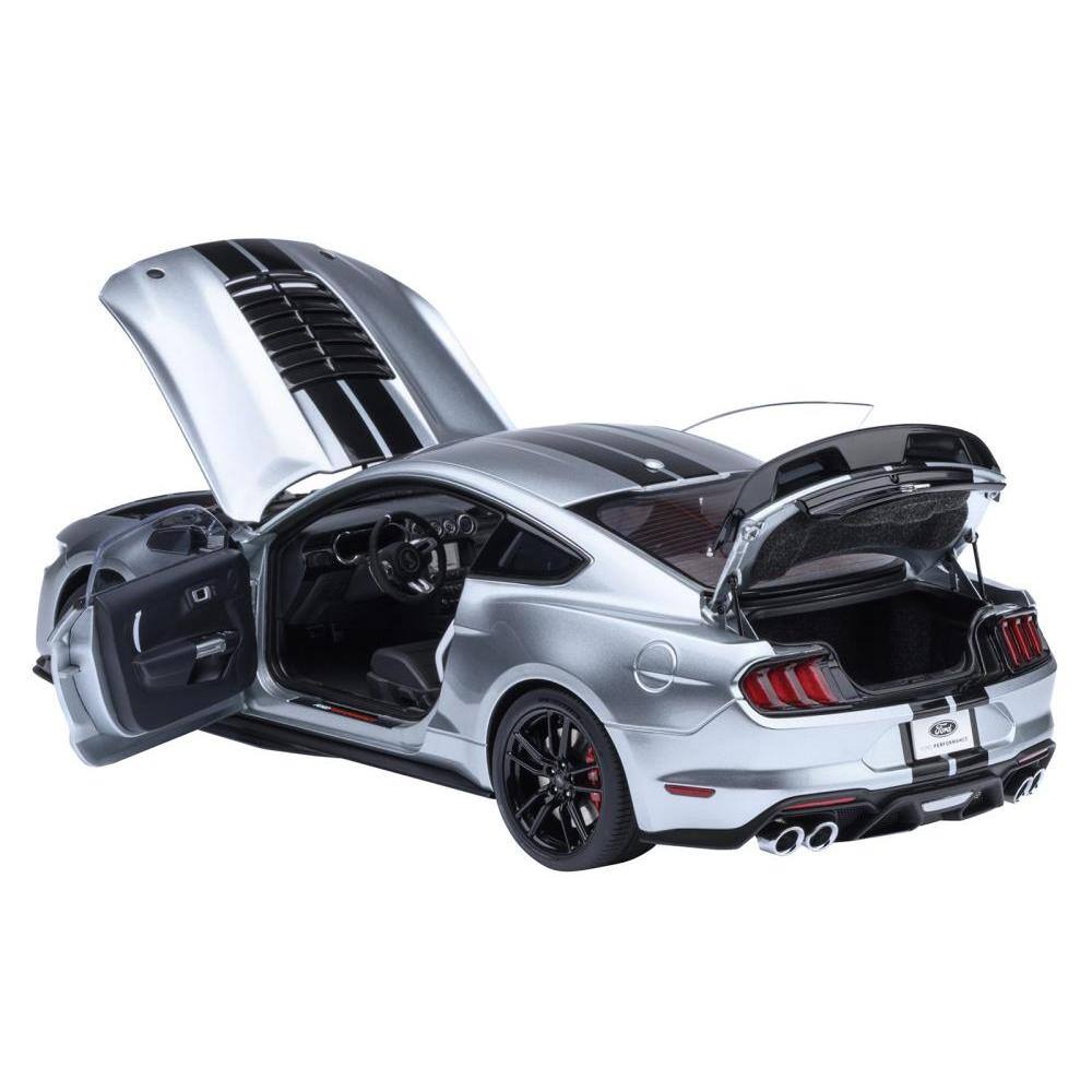 Angle. Autoart - Ford Mustang Shelby GT500 Iconic Silver Metallic with Black Stripes 1/18 Model Car by Autoart - Silver Metallic with Black.