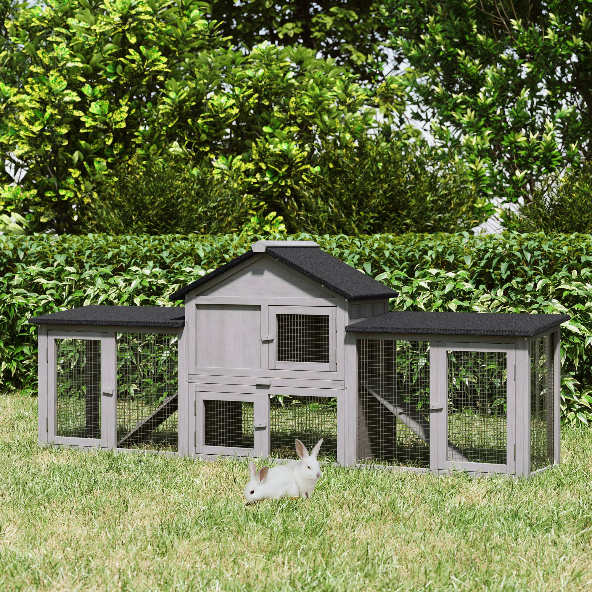 Alt View 1. Pawhut - Rabbit House 83" 2 Story Deluxe XL Wooden Rabbit Hutch Big Bunny Cage w/ Ladder and Run.
