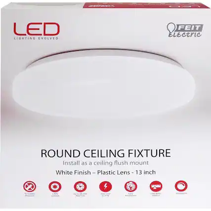 LED Lighting Evolved
FEIT Electric
Round Ceiling Fixture
Install as a ceiling flush mount
White Finish - Plastic Lens - 13 inch
No Lamps Required
300 Lumens
Up to 25,000 Hour Life
17.5 W
Easy Installation
Cool White 4000 K
Dimmable