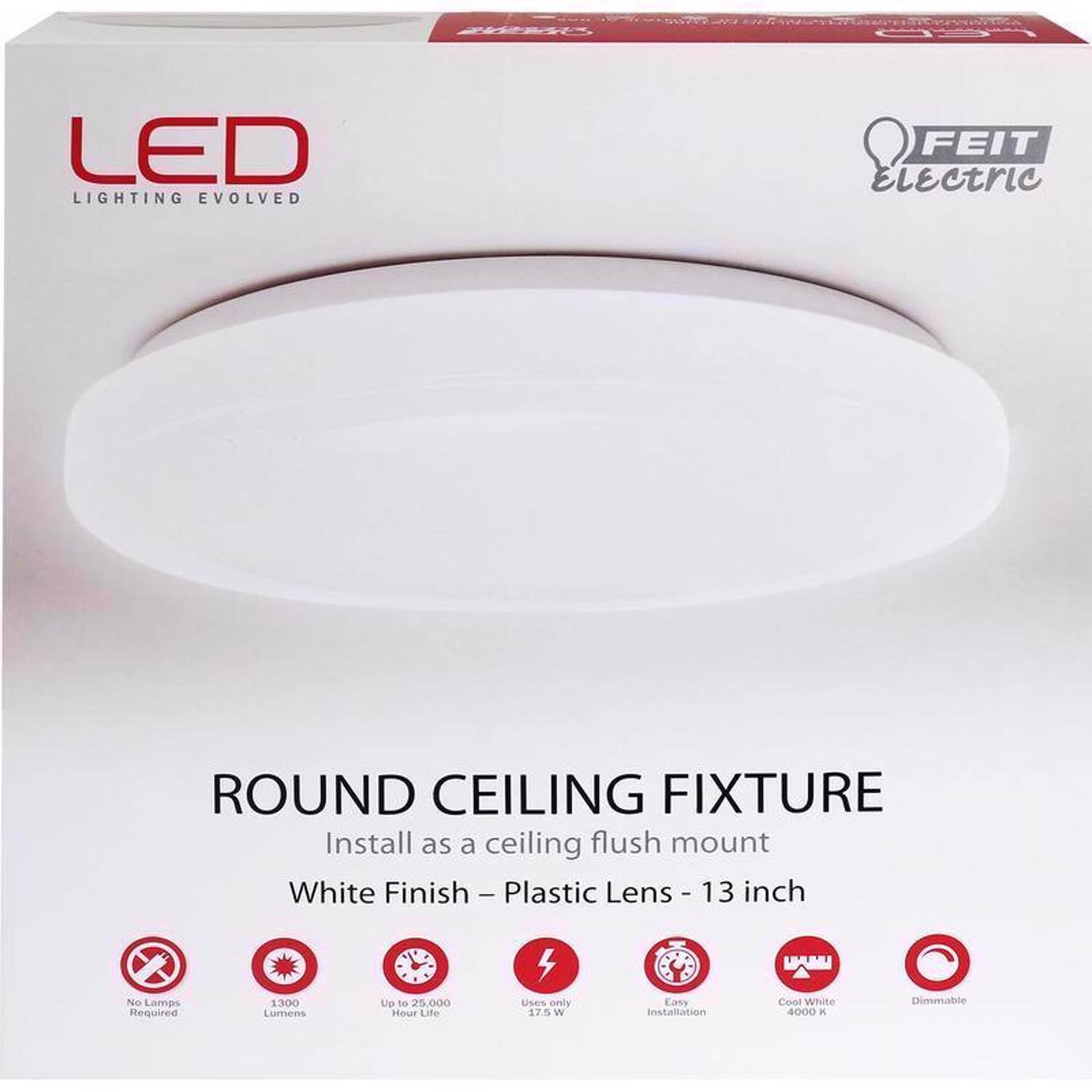 LED Lighting Evolved  
FEIT Electric  
Round Ceiling Fixture  
Install as a ceiling flush mount  
White Finish - Plastic Lens - 13 inch  
No Lamps Required  
300 Lumens  
Up to 25,000 Hour Life  
17.5 W  
Easy Installation  
Cool White 4000 K  
Dimmable