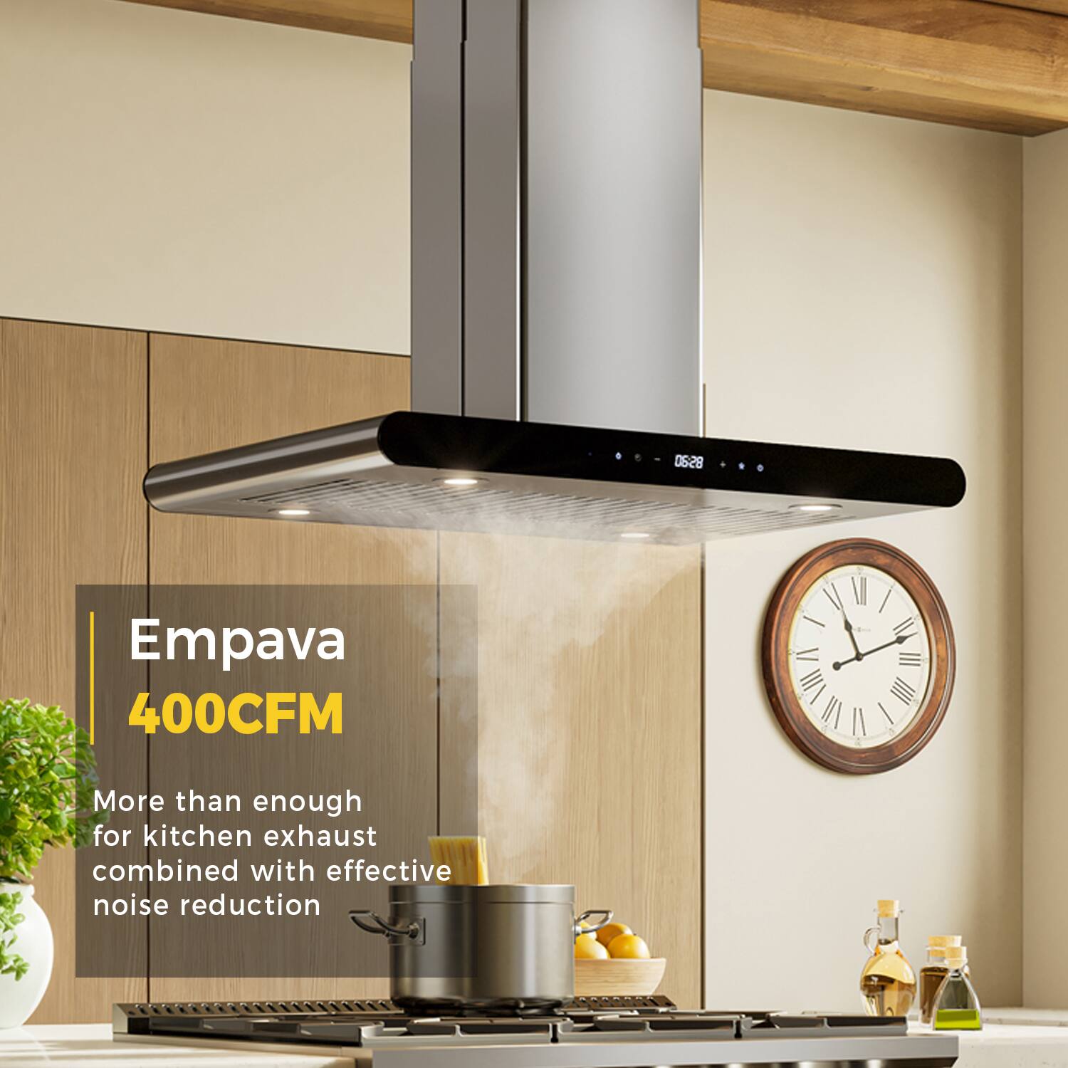 The text on the image reads: "Empava 400CFM More than enough for kitchen exhaust combined with effective noise reduction."