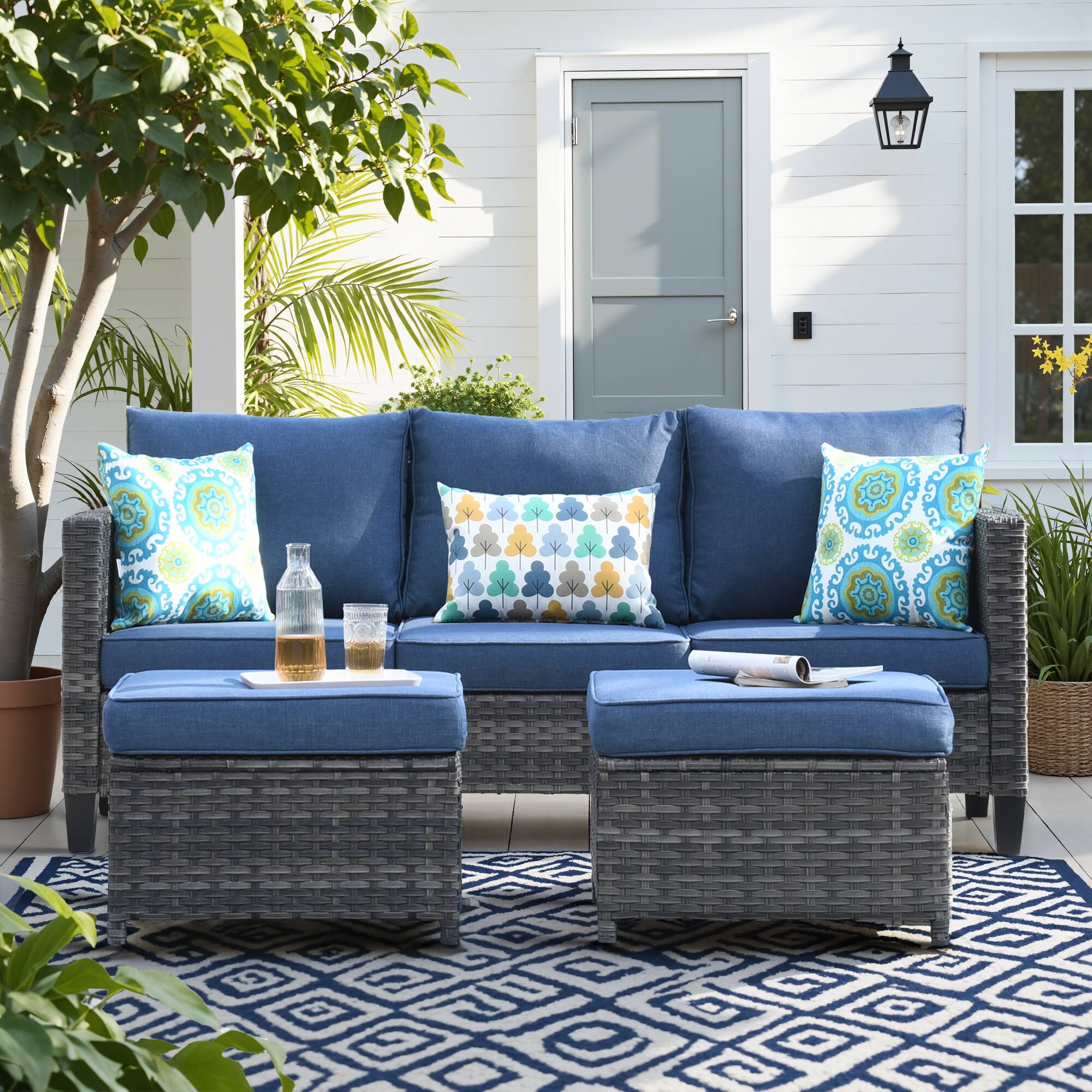 Ovios - 3 PCS Patio Furniture Set, Rattan Wicker Conversation Couch with Ottoman - Denim Blue price history on PriceWatchPro