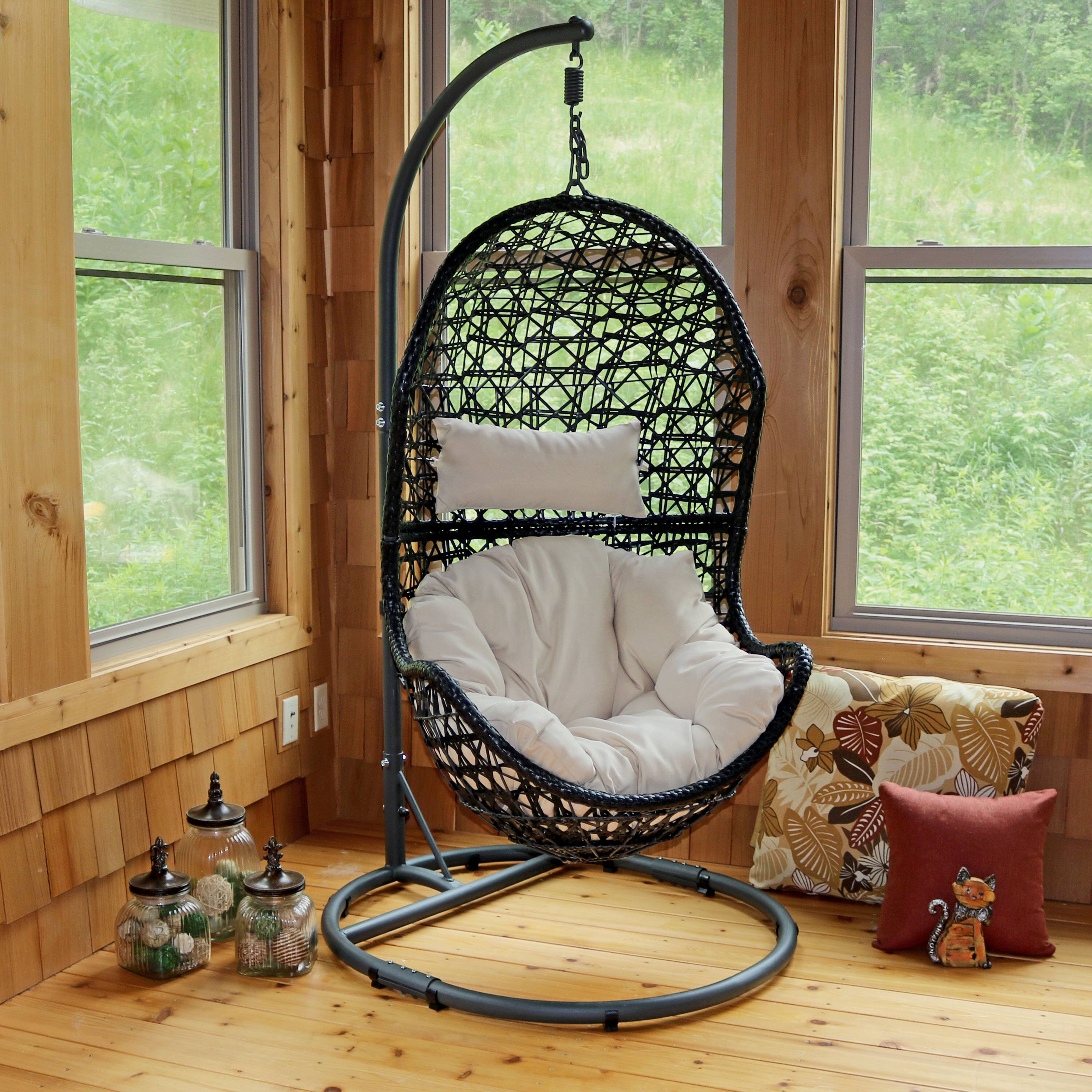 Alt View 4. Sunnydaze - Resin Wicker Hanging Egg Chair with Steel Stand/Cushions - Beige Cushions.