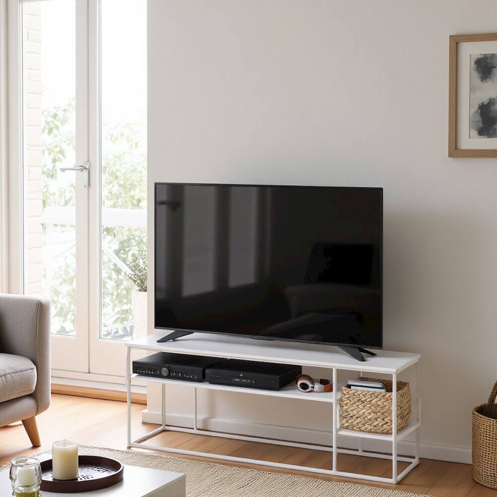 Alt View 3. FurniFact - White 65 Inch Entertainment Center with Metal Frame and Open Shelf TV Console - White.