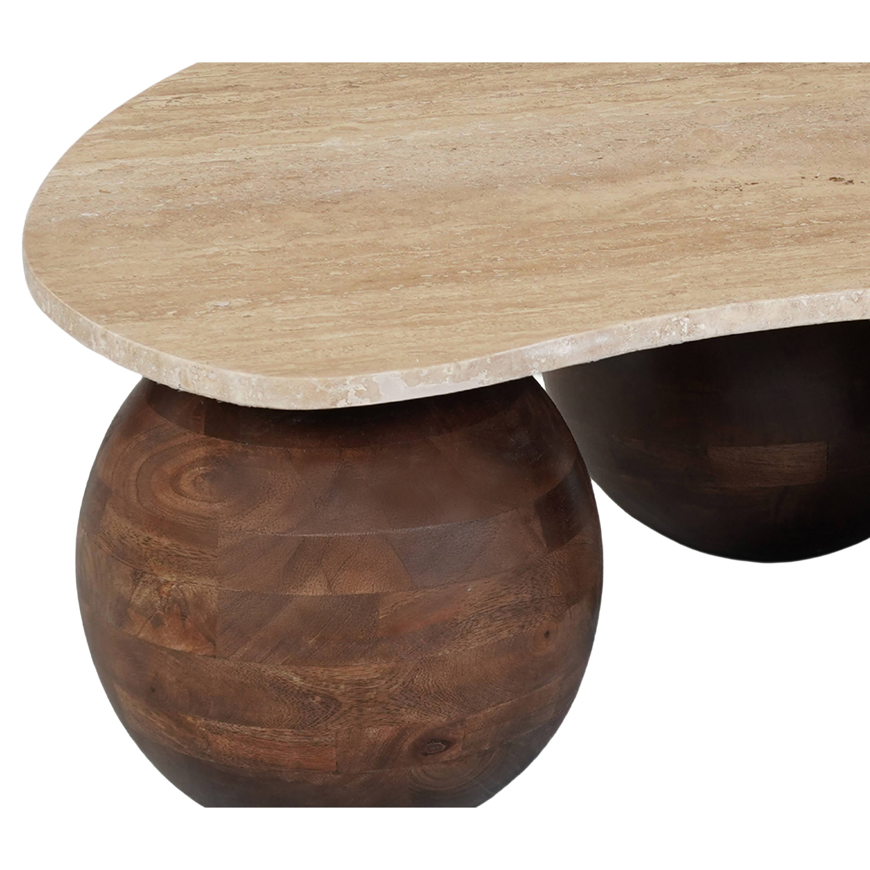 Alt View 3. Manhattan Lane - Resh Accent Coffee Table, Curved Natural Travertine Top, Round 3 Balls Wood Base - Brown.