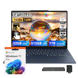 Lenovo - Upgraded - Yoga Slim 7x 14" 2K Touch Laptop,Snapdragon X2 Elite,32GB RAM,512GB SSD+1TB Dock Set,Backlit,Win11Pro - Cosmic Blue