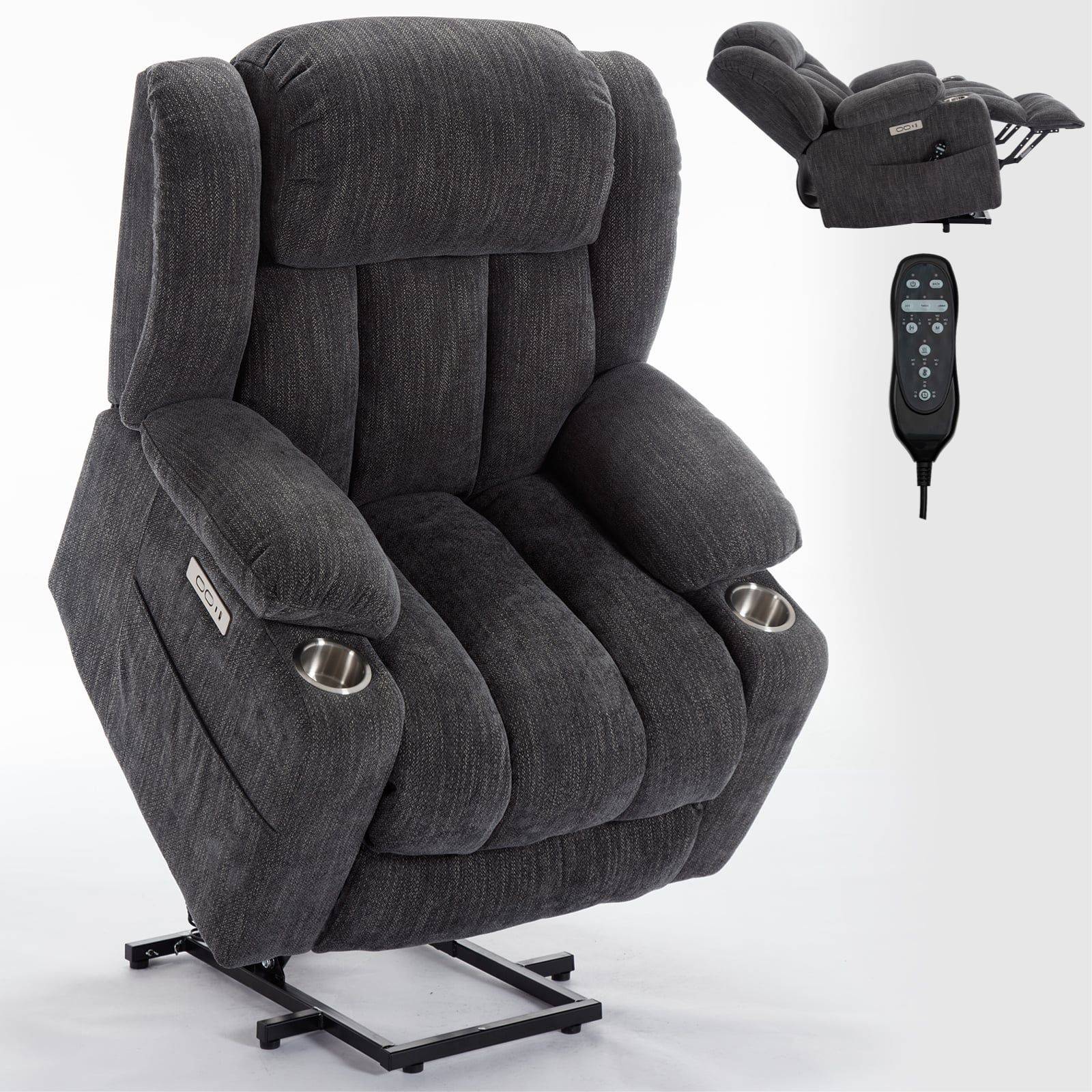 LUCKY ONE - Chenille Power Lift Recliner Chair with Massage and Heat, USB and Type C Ports, 2 Steel Cup Holders for Elderly - Dark Gray