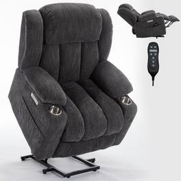 LUCKY ONE - Chenille Power Lift Recliner Chair with Massage and Heat, USB and Type C Ports, 2 Steel Cup Holders for Elderly - Dark Gray