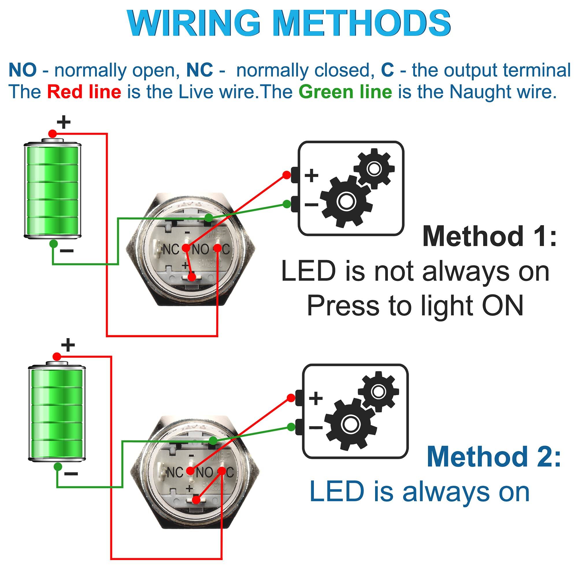 WIRING METHODS

NO - normally open, NC - normally closed, C - the output terminal  
The Red line is the Live wire. The Green line is the Naught wire.

Method 1:  
LED is not always on  
Press to light ON

Method 2:  
LED is always on