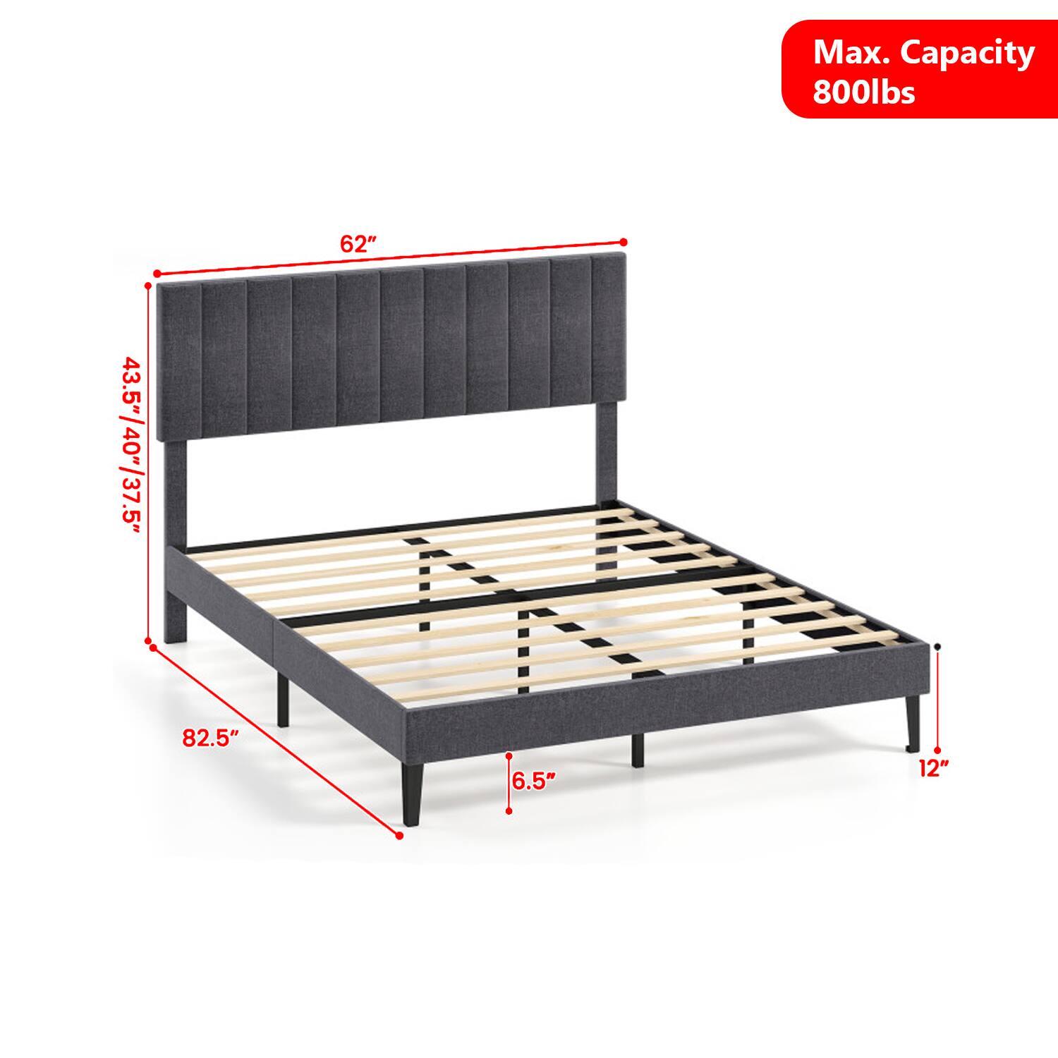 Max. Capacity 800lbs  
62"  
43.5"/40"/37.5"  
82.5"  
6.5"  
12"