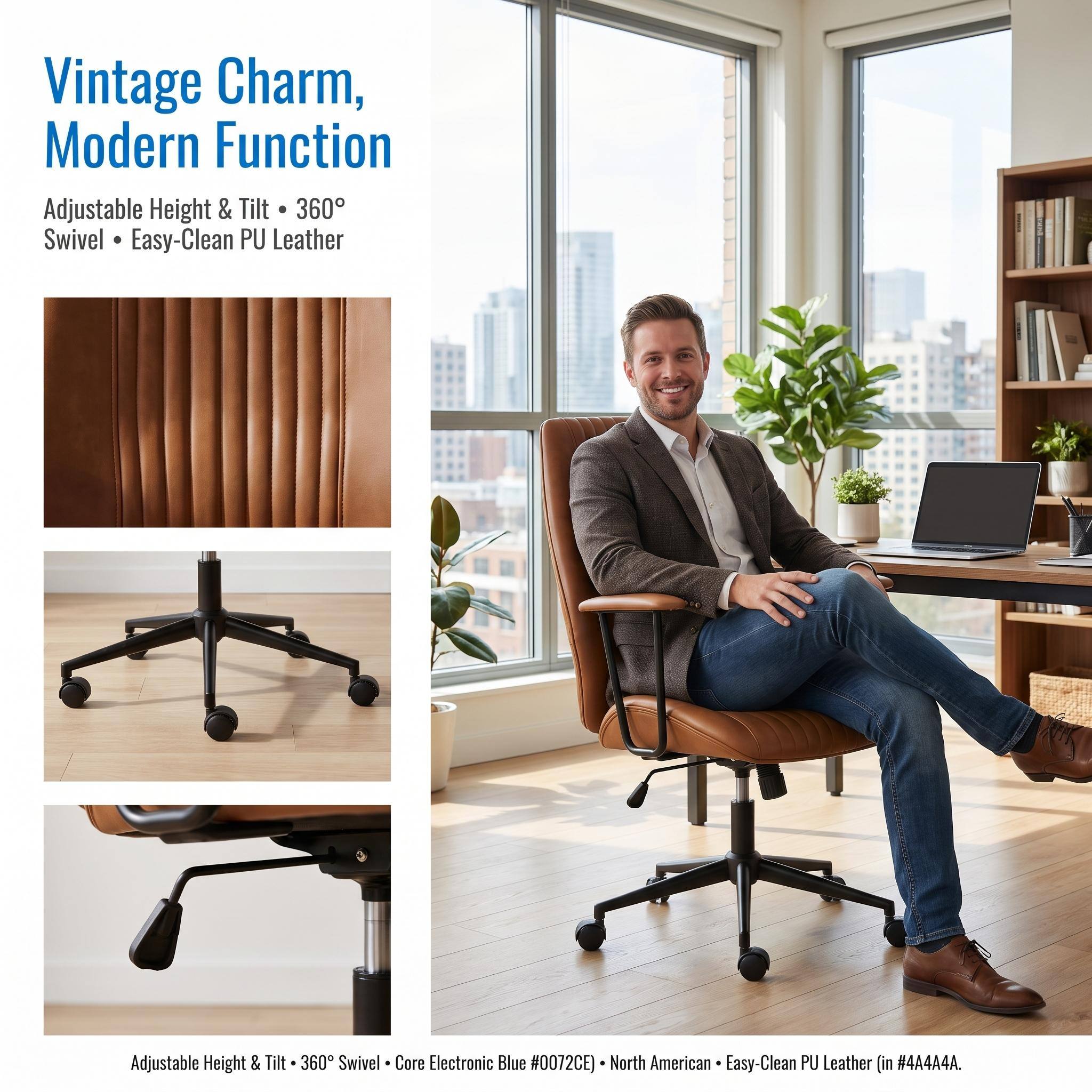 Vintage Charm, Modern Function

Adjustable Height & Tilt • 360° Swivel • Easy-Clean PU Leather

Adjustable Height & Tilt • 360° Swivel • Core Electronic Blue #0072CE) • North American • Easy-Clean PU Leather (in #4A4A4A.