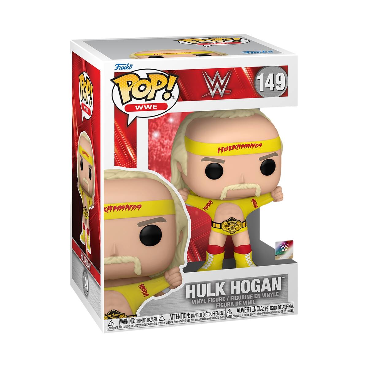 Sure, here is the corrected and grouped text from the image:

---

**Front:**

- Funko POP! WWE
- 149
- HULK HOGAN
- VINYL FIGURE / FIGURINE EN VINYLE / FIGURA DE VINIL
- WARNING: CHOKING HAZARD △ ATTENTION: DANGER D'ÉTOUFFEMENT △ ADVERTENCIA: PELIGRO DE ASFIXIA
- Small parts. Not for children under 3 years. Petite pièce. Ne convient pas aux enfants de moins de 3 ans. Pequeñas piezas. No aptas para niños menores de 3 años.

**Top Left:**

- POP! VINYL

**Top Right:**

- 149

**On the Figure:**

- HULKAMANIA

**Bottom Left:**

- WARNING: CHOKING HAZARD △ ATTENTION: DANGER D'ÉTOUFFEMENT △ ADVERTENCIA: PELIGRO DE ASFIXIA
- Small parts. Not for children under 3 years. Petite pièce. Ne convient pas aux enfants de moins de 3 ans. Pequeñas piezas. No aptas para niños menores de 3 años.

---