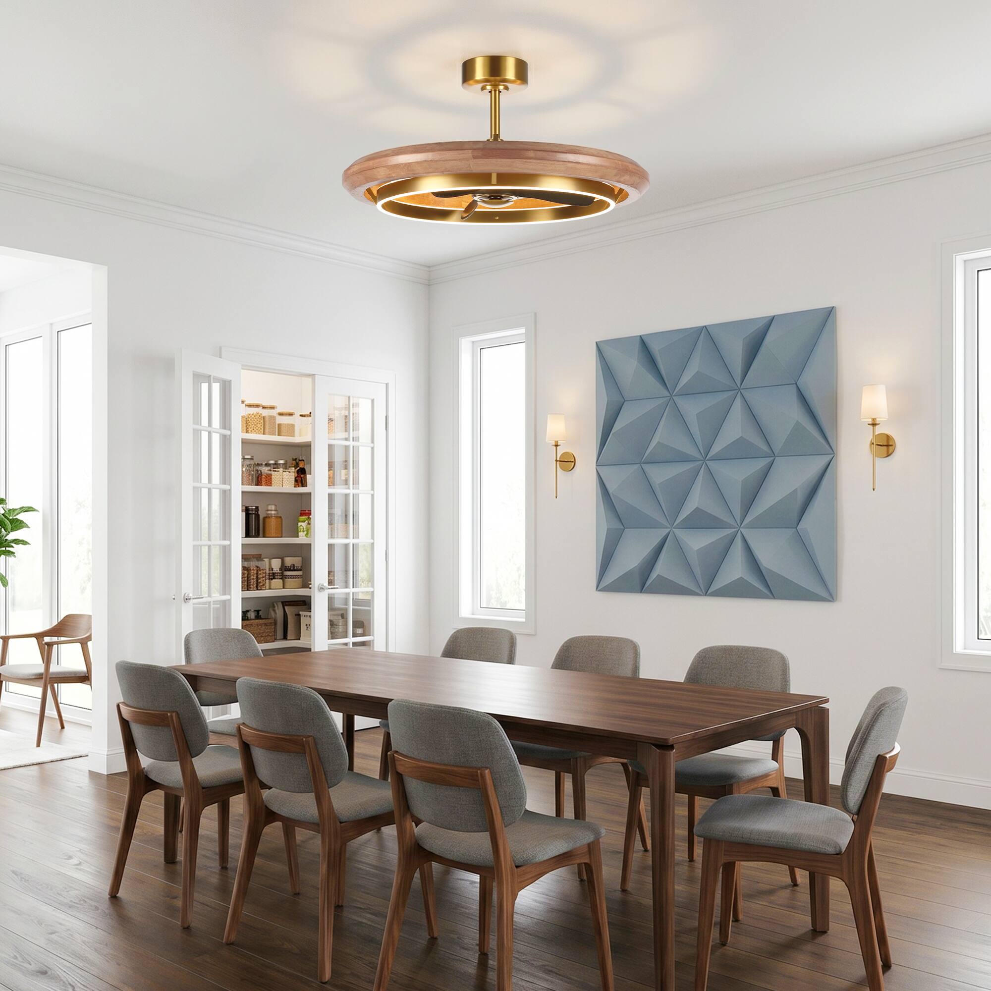 Left. Parrot Uncle - 33 Inch Gold Wood LED Ceiling Fan 6 Speed DC Motor Dimmable Caged Chandelier with Remote - Gold.