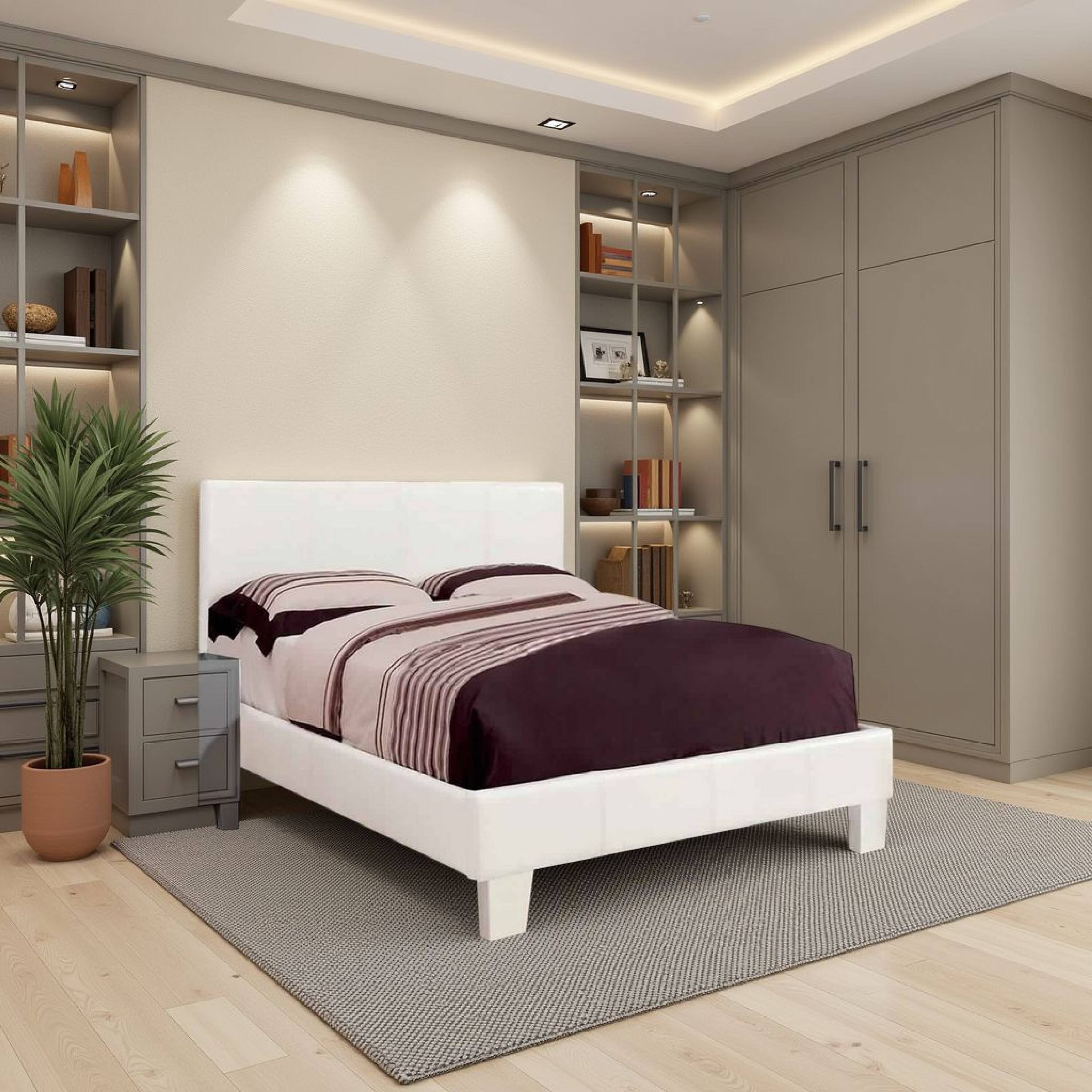 Alt View 5. Manhattan Lane - Leatherette Platform Style Queen Size Bed with Tapered Block Feet - White.