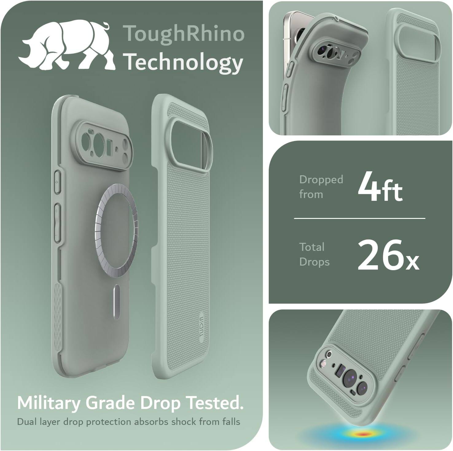 ToughRhino Technology

Dropped from 4ft  
Total Drops 26x

Military Grade Drop Tested.  
Dual layer drop protection absorbs shock from falls
