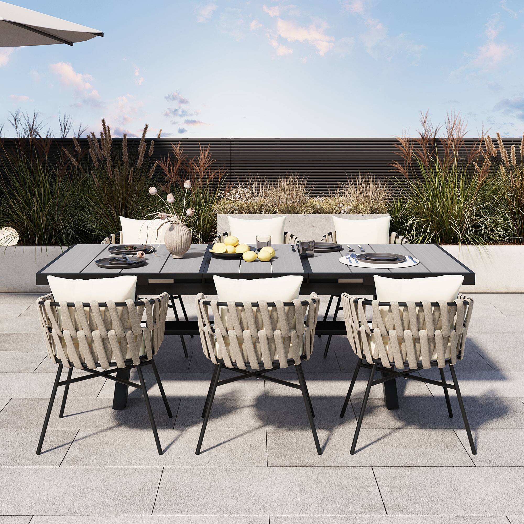 Back. APRILSOUL - U Style 6 Polyester Woven Tape Chairs Expandable Table 629 To 826 Inches Alfresco Dining - Beige,Gray.