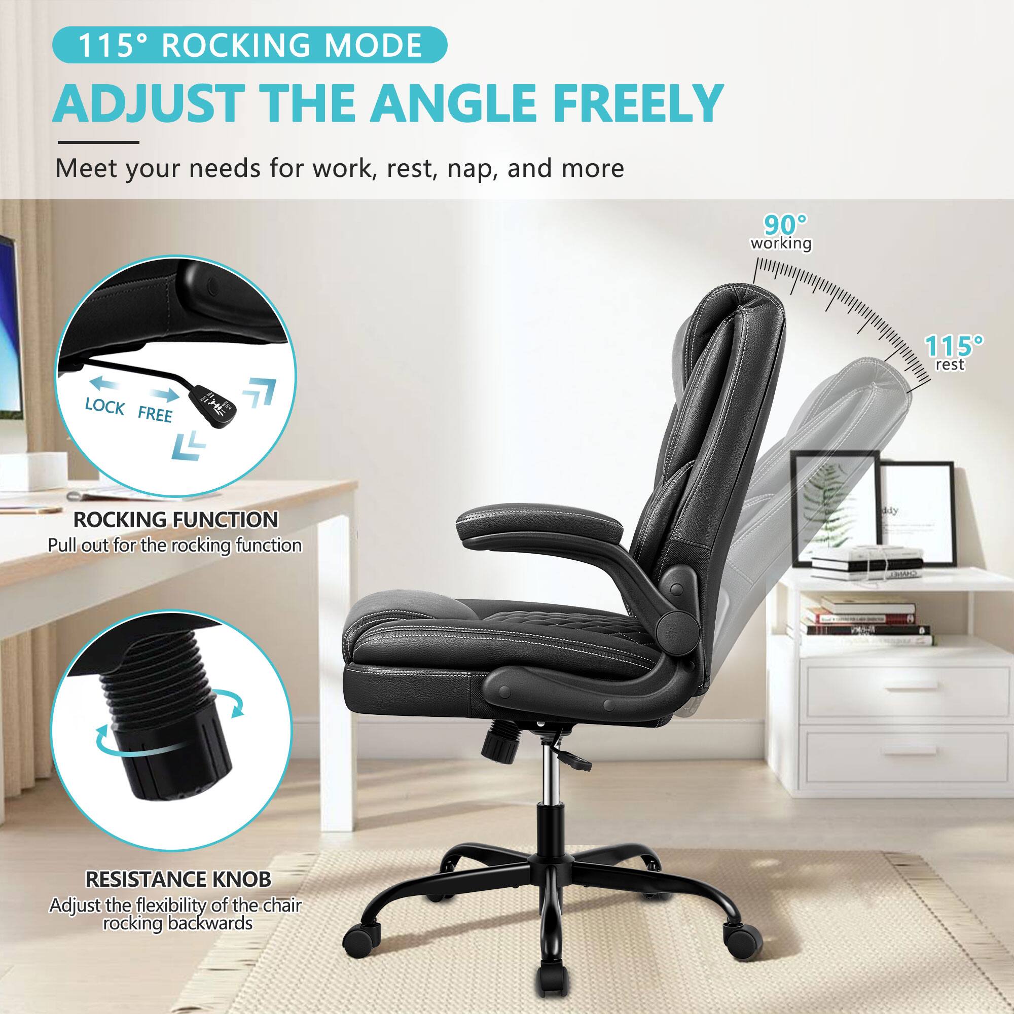 115° ROCKING MODE  
ADJUST THE ANGLE FREELY  
Meet your needs for work, rest, nap, and more  

LOCK FREE  

ROCKING FUNCTION  
Pull out for the rocking function  

RESISTANCE KNOB  
Adjust the flexibility of the chair rocking backwards  

90° working  
115° rest