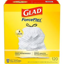 Glad - ForceFlex Tall 13 Gallon Kitchen Drawstring Trash Bags, 120/Box (78939) - White