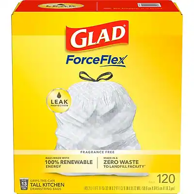 MRSE GLAD ForceFlex LEAK PROTECTION FRAGRANCE FREE BAGS MADE WITH 100% RENEWABLE ZERO WASTE ENERGY TO LANDFILL FACILITY. GRIPS-THE-CAN 120 TALL KITCHEN CAN DRAWSTRING BAGS. 1492 FT 11.15/32 IN X 21 13/16 IN X 112 MI. 159.6 TN X 645 CO. 183 PAL