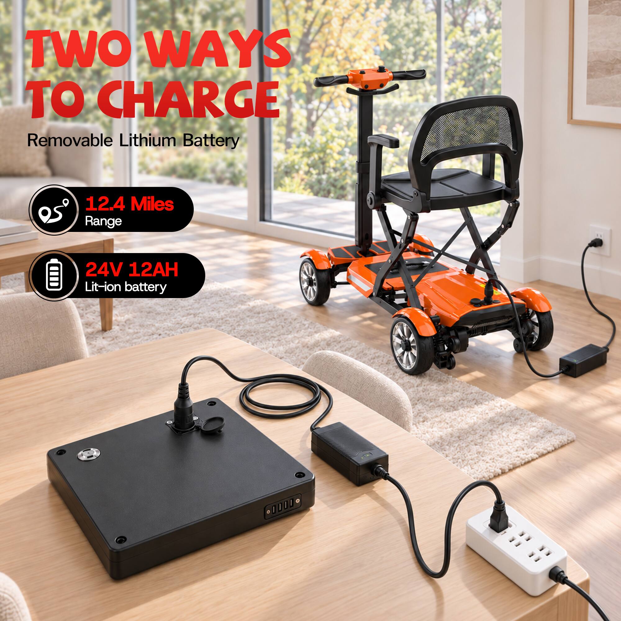 TWO WAYS TO CHARGE  
Removable Lithium Battery  
12.4 Miles Range  
24V 12AH Lit-ion battery
