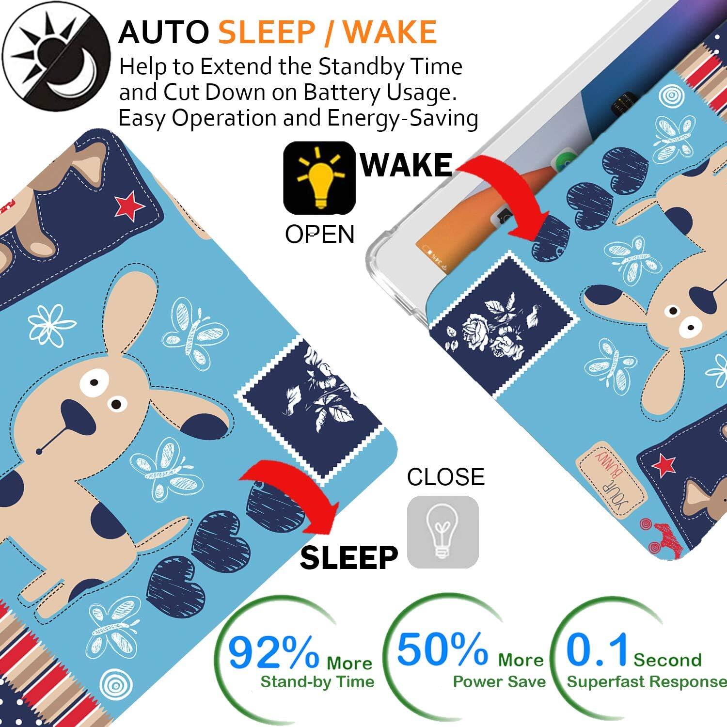 AUTO SLEEP / WAKE  
Help to Extend the Standby Time and Cut Down on Battery Usage. Easy Operation and Energy-Saving  

WAKE  
OPEN  

CLOSE  
SLEEP  

92% More Stand-by Time  
50% More Power Save  
0.1 Second Superfast Response