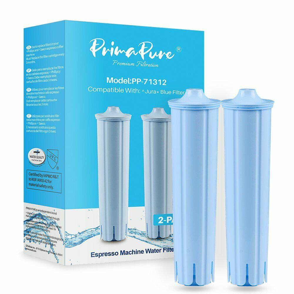 PrimaPure  
Premium Filtration  

Model: PP-71312  
Compatible With: Jura Blue Filter, Saeco, Philips  

Replace every 3 months.  

Certified by IPAMOR & T to NSF/ANSI 42 for material safety only.  

Espresso Machine Water Filter  

2-Pack