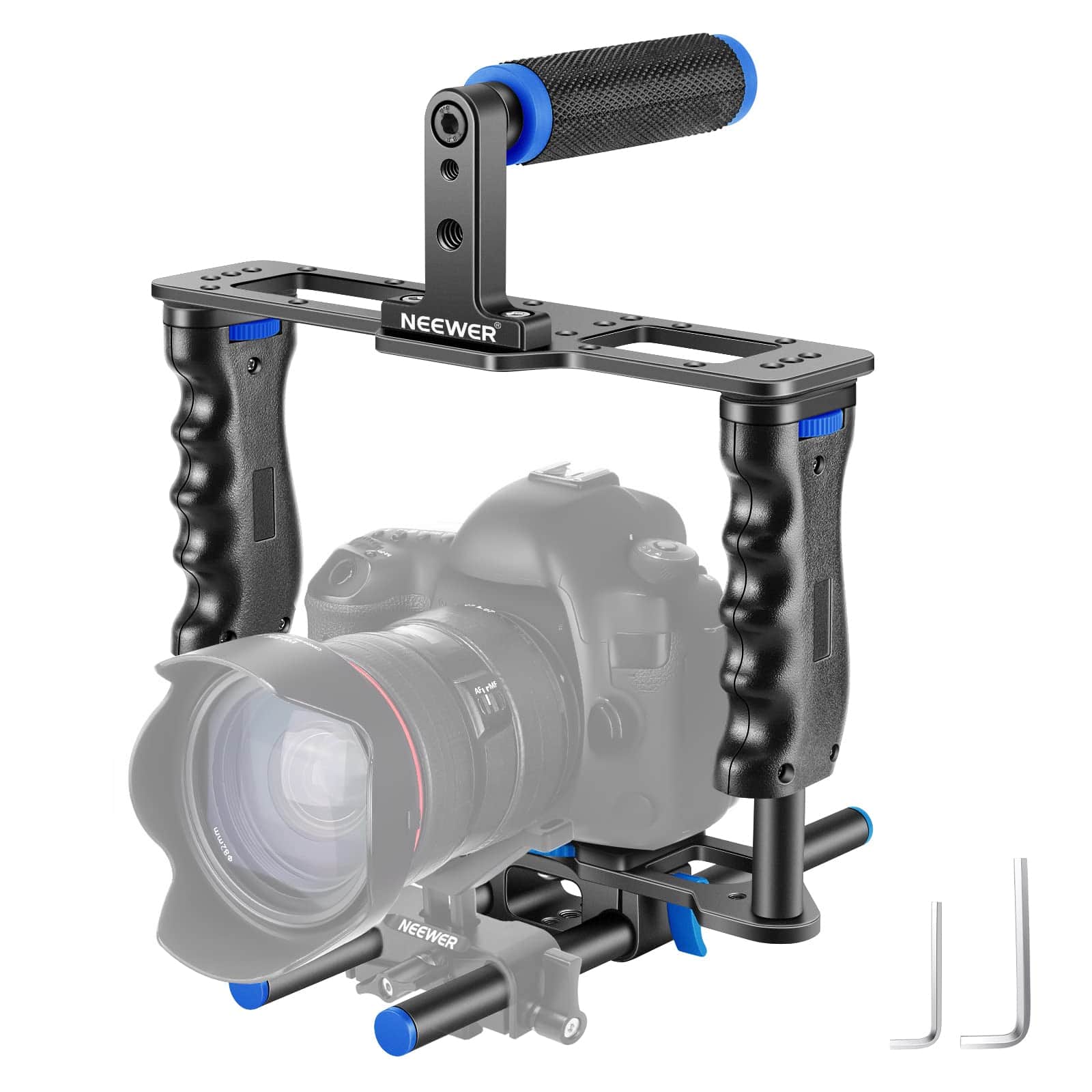 Neewer - Aluminum Camera Cage Kit with Top Handle & Dual Grips, 15mm Rods, Black/Blue