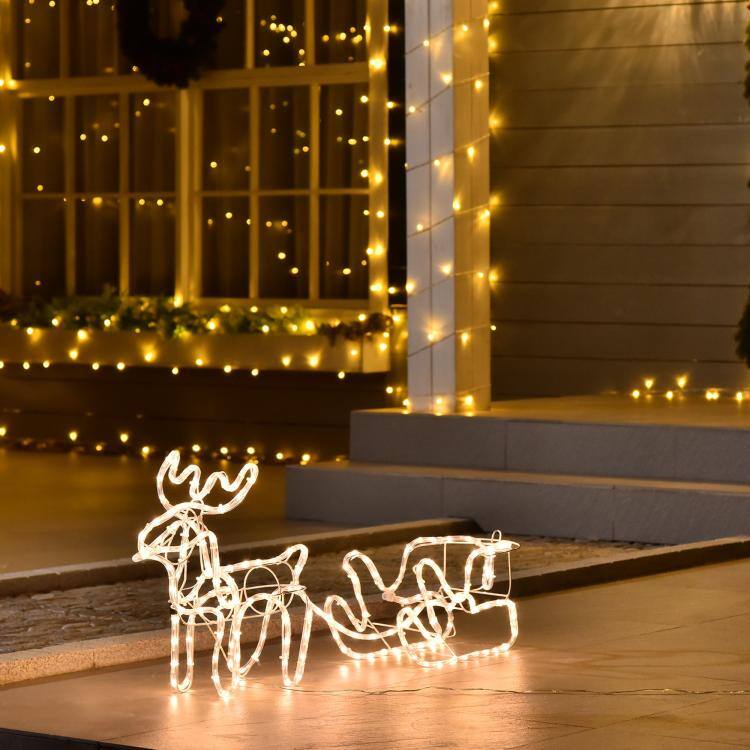 Alt View 2. PULUZ - 35 inch Christmas Reindeer and Sleigh with LED Motif Warm White Lighting, Indoor Outdoor Steel Frame Yard Decoratio - White.