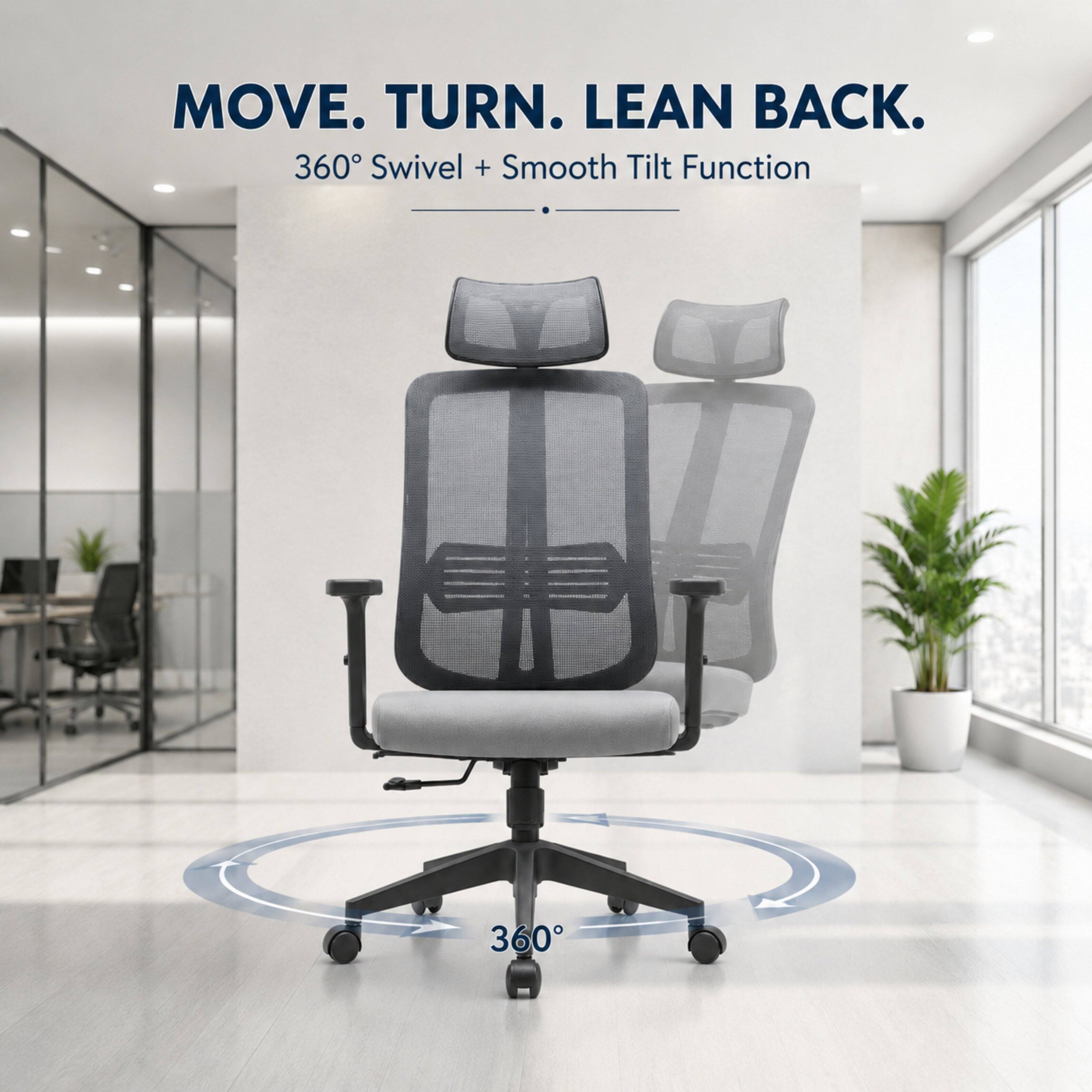 MOVE. TURN. LEAN BACK.  
360° Swivel + Smooth Tilt Function